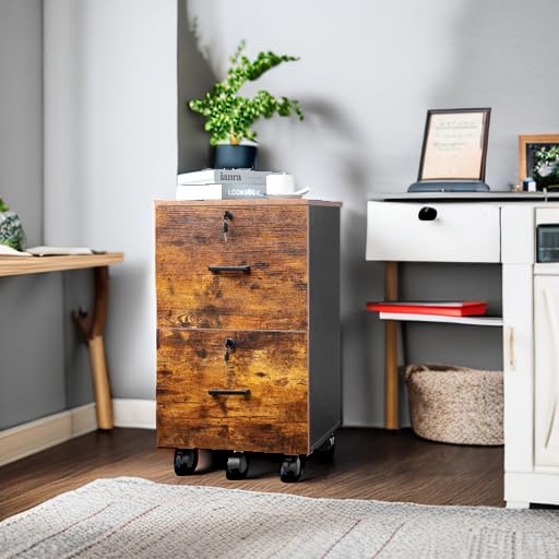 VINGLI 2 Drawer File Cabinet with Lock, Wood Rustic Gray Filing Cabinet