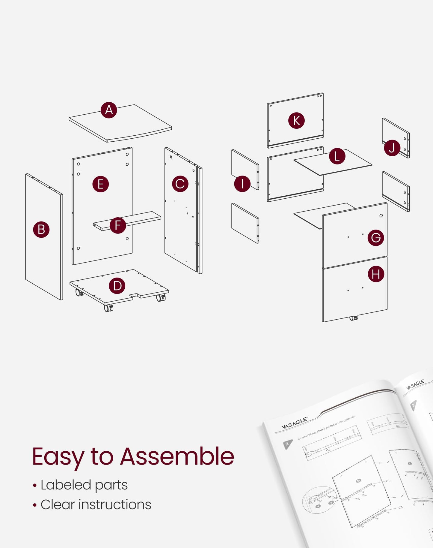 VASAGLE 2-Drawer Rolling File Cabinet, Snow White