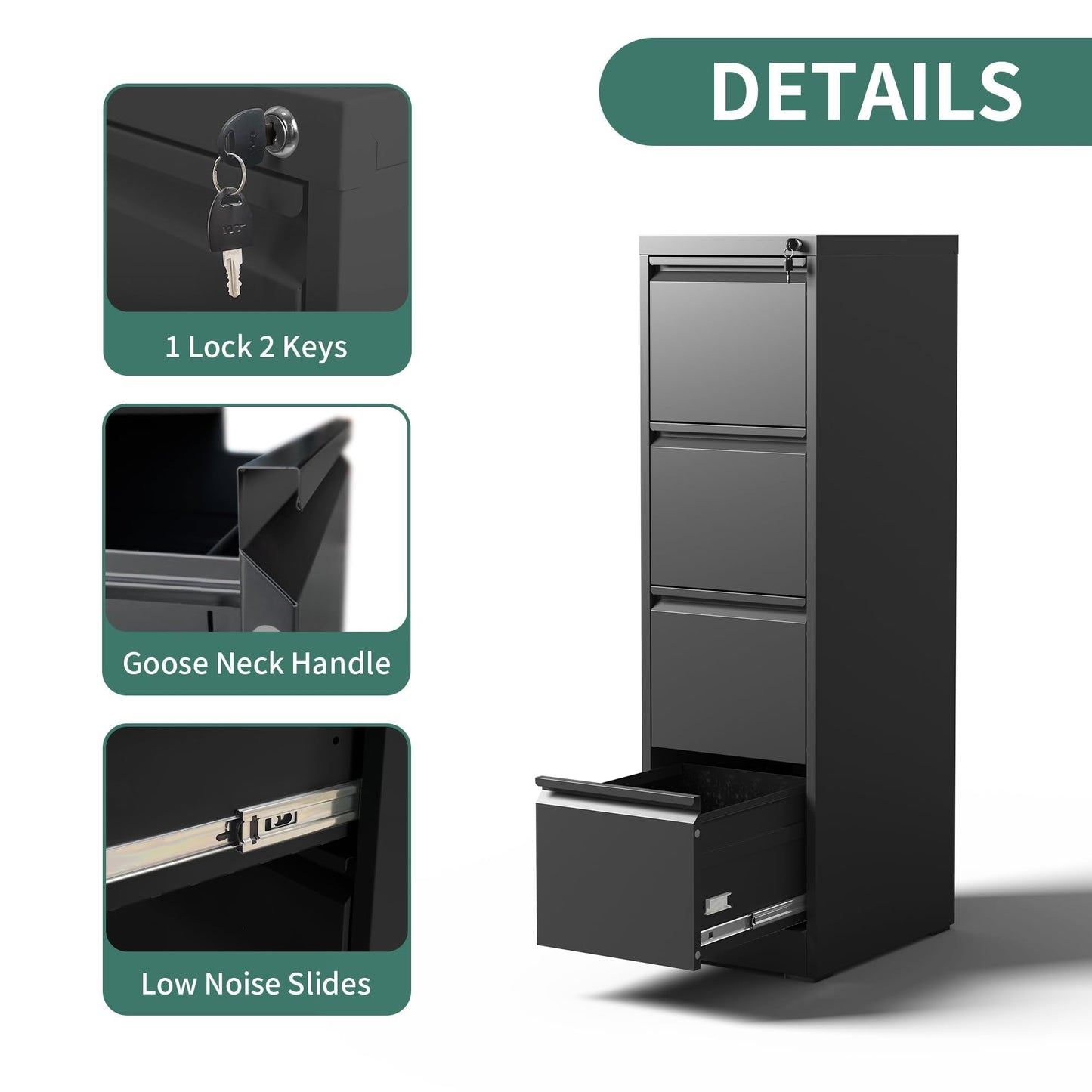 4-Drawer Metal Locking File Cabinet, Black, Vertical