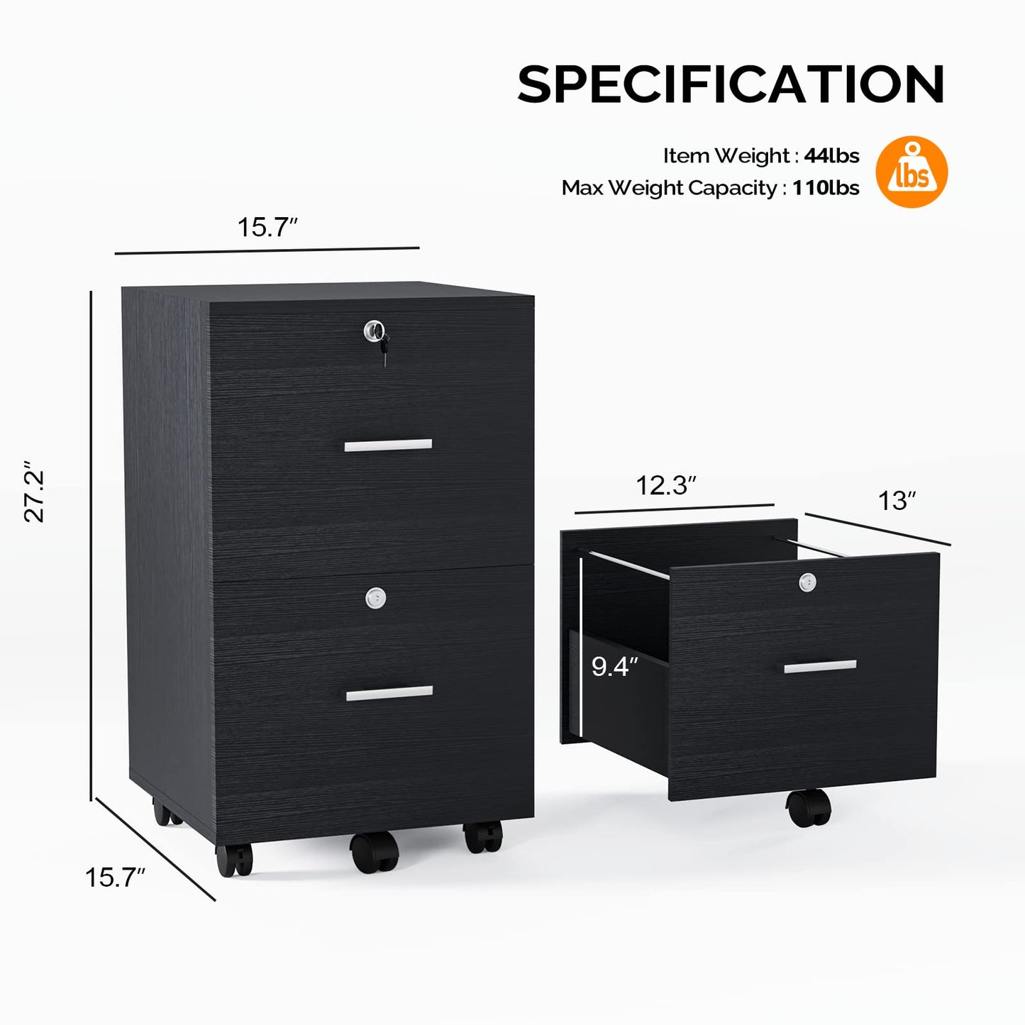 VINGLI 2 Drawer File Cabinet with Lock, Wood Rustic Gray Filing Cabinet