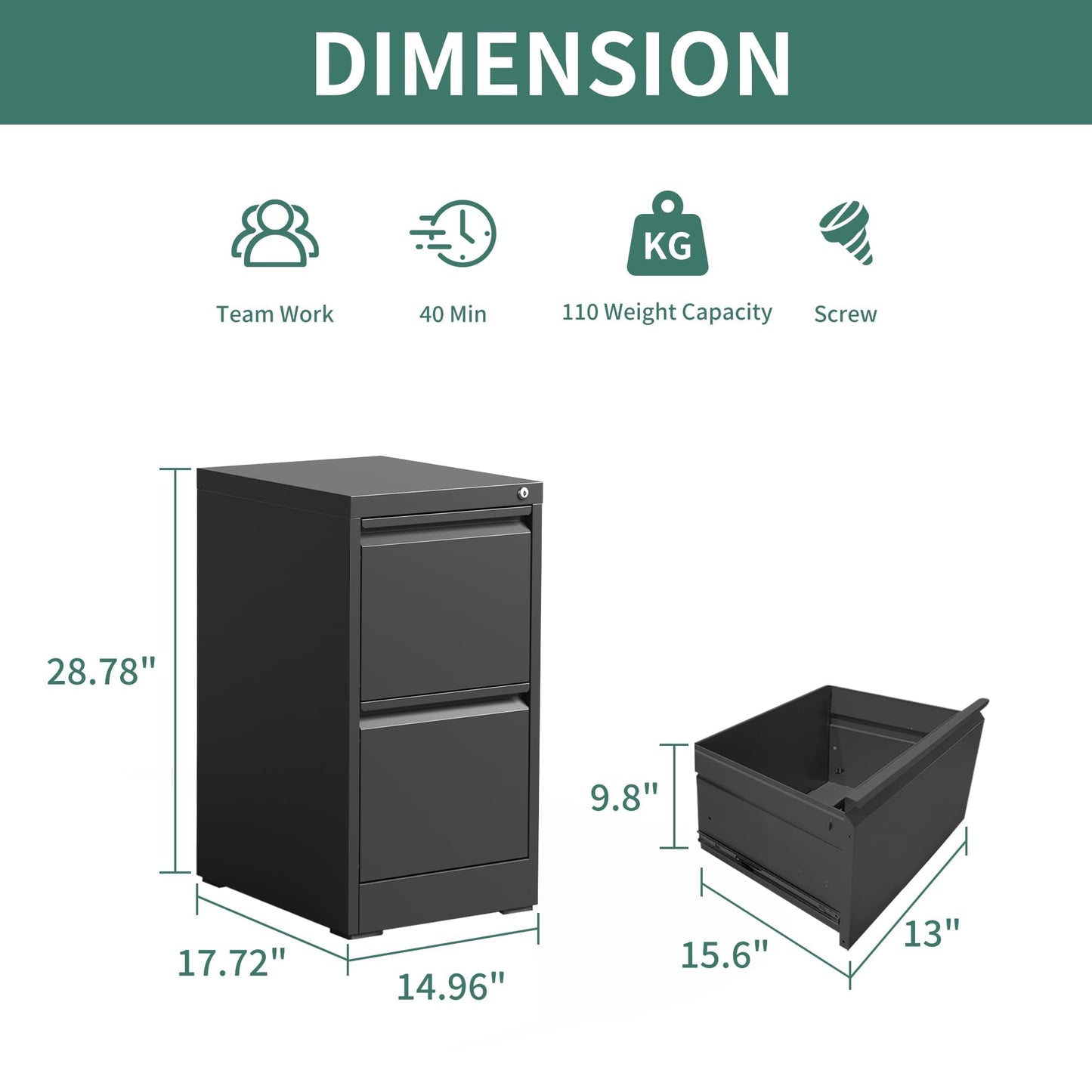 4-Drawer Metal Locking File Cabinet, Black, Vertical