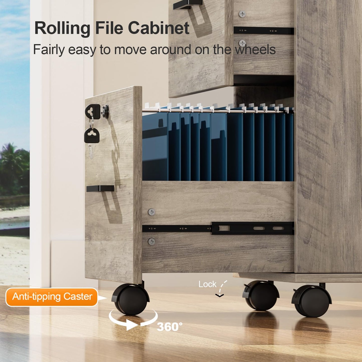 VINGLI 2 Drawer File Cabinet with Lock, Wood Rustic Gray Filing Cabinet