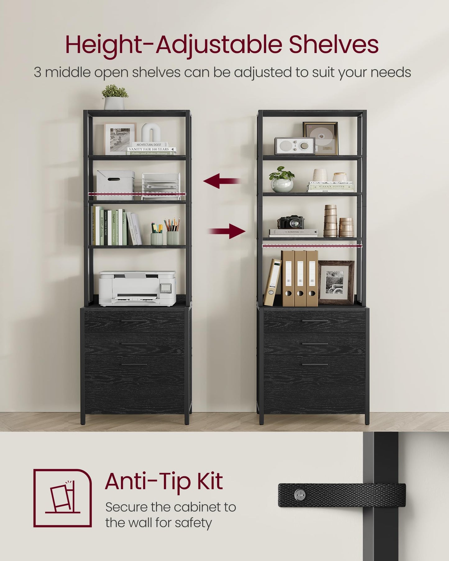 VASAGLE File Cabinet, 3 Drawers Filing Cabinet for Home Office