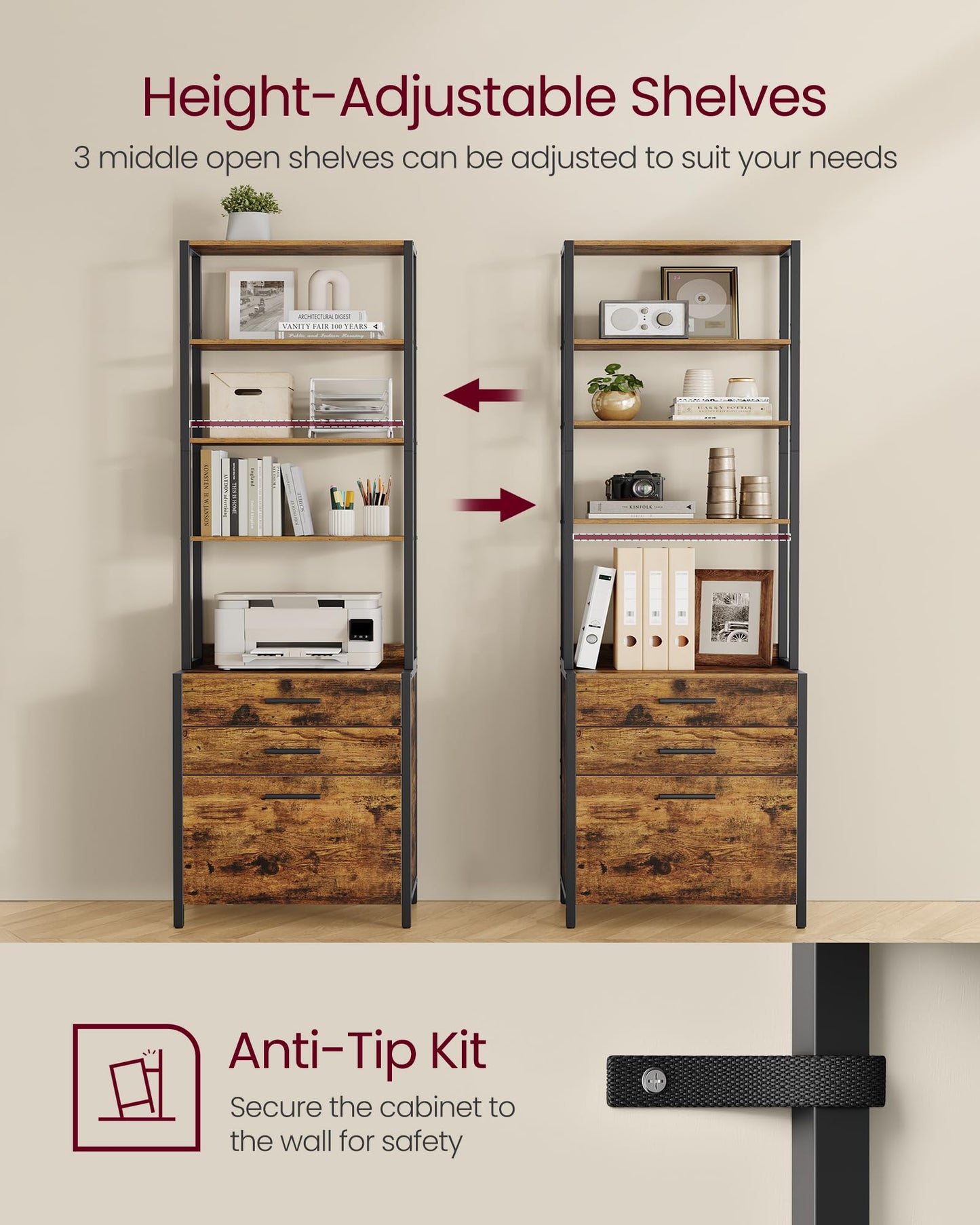 VASAGLE File Cabinet, 3 Drawers Filing Cabinet for Home Office