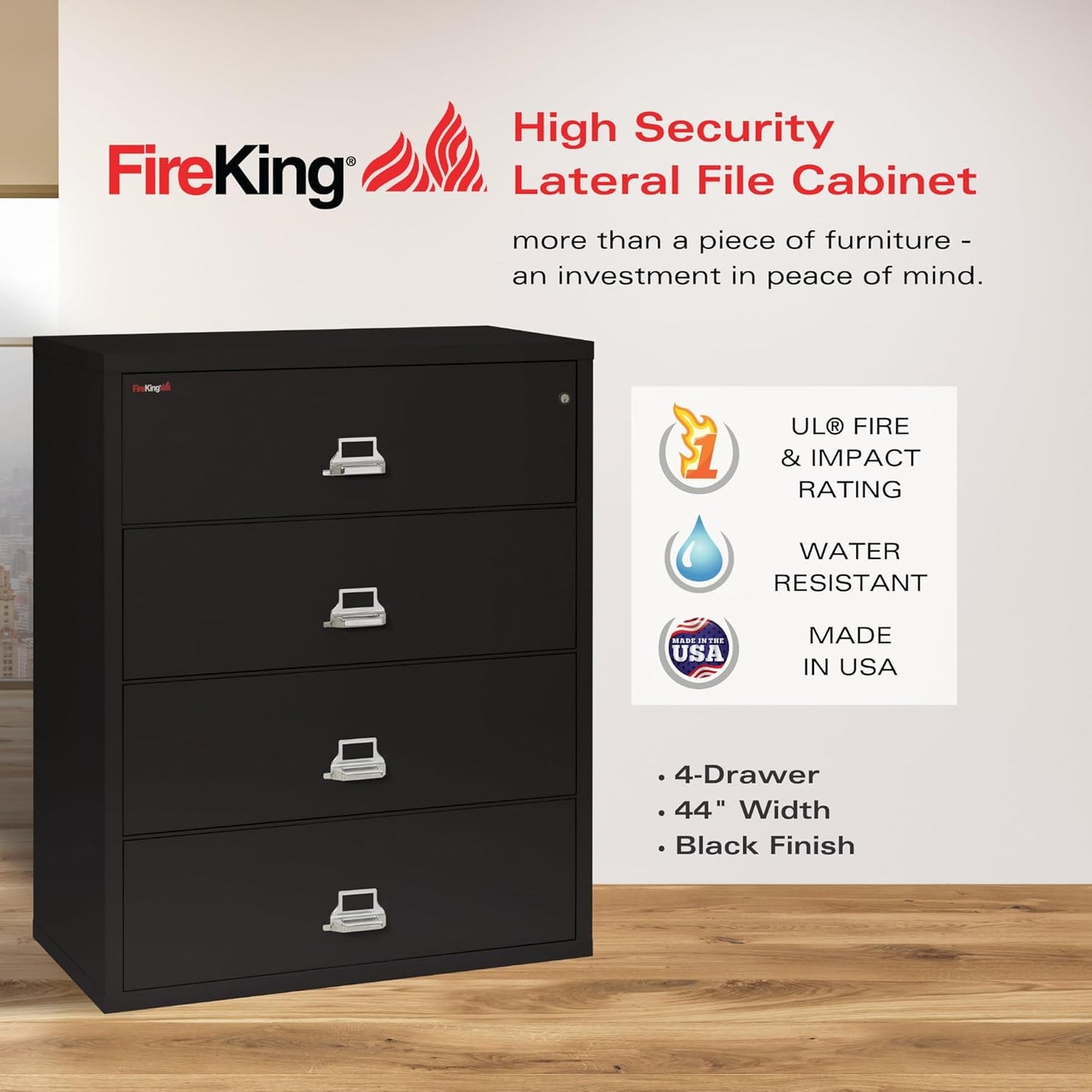 Fireking 4-Drawer Fireproof Lateral File Cabinet, Black,