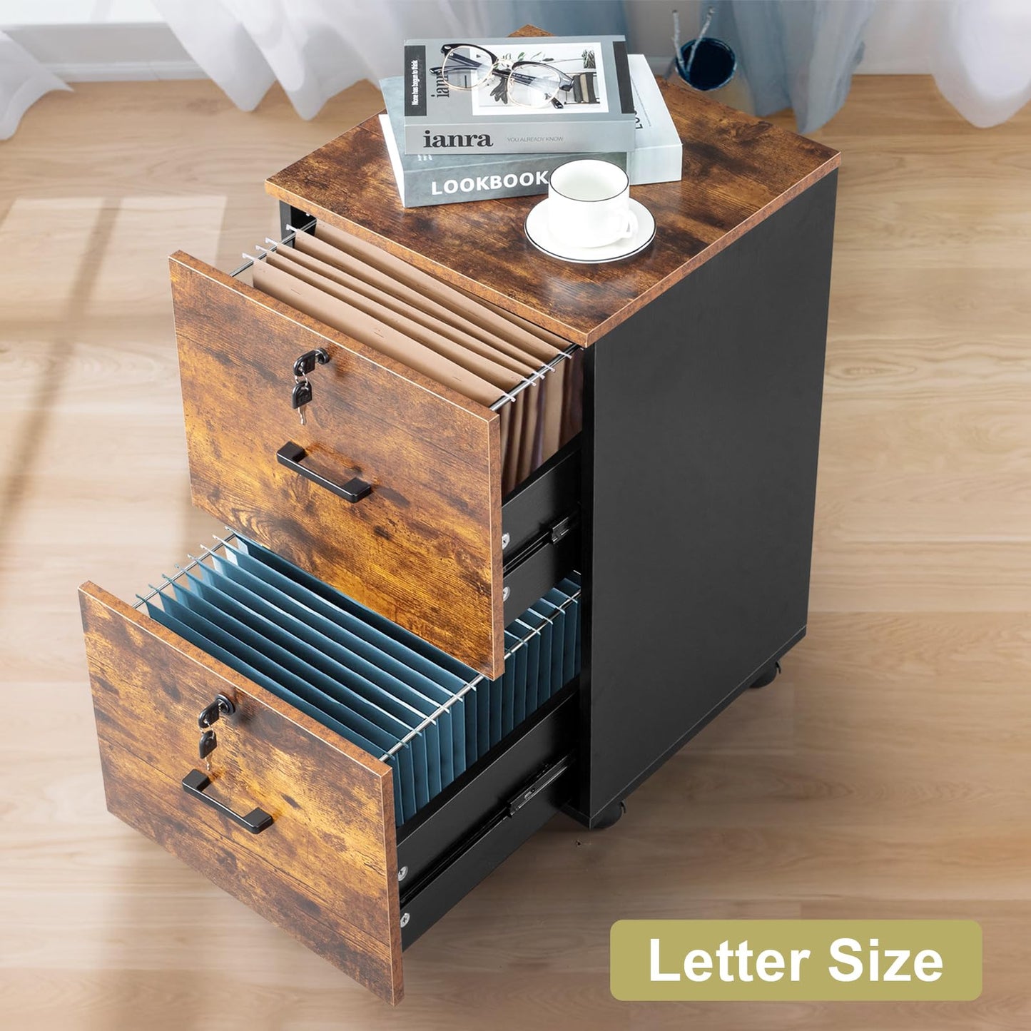 VINGLI 2 Drawer File Cabinet with Lock, Wood Rustic Gray Filing Cabinet