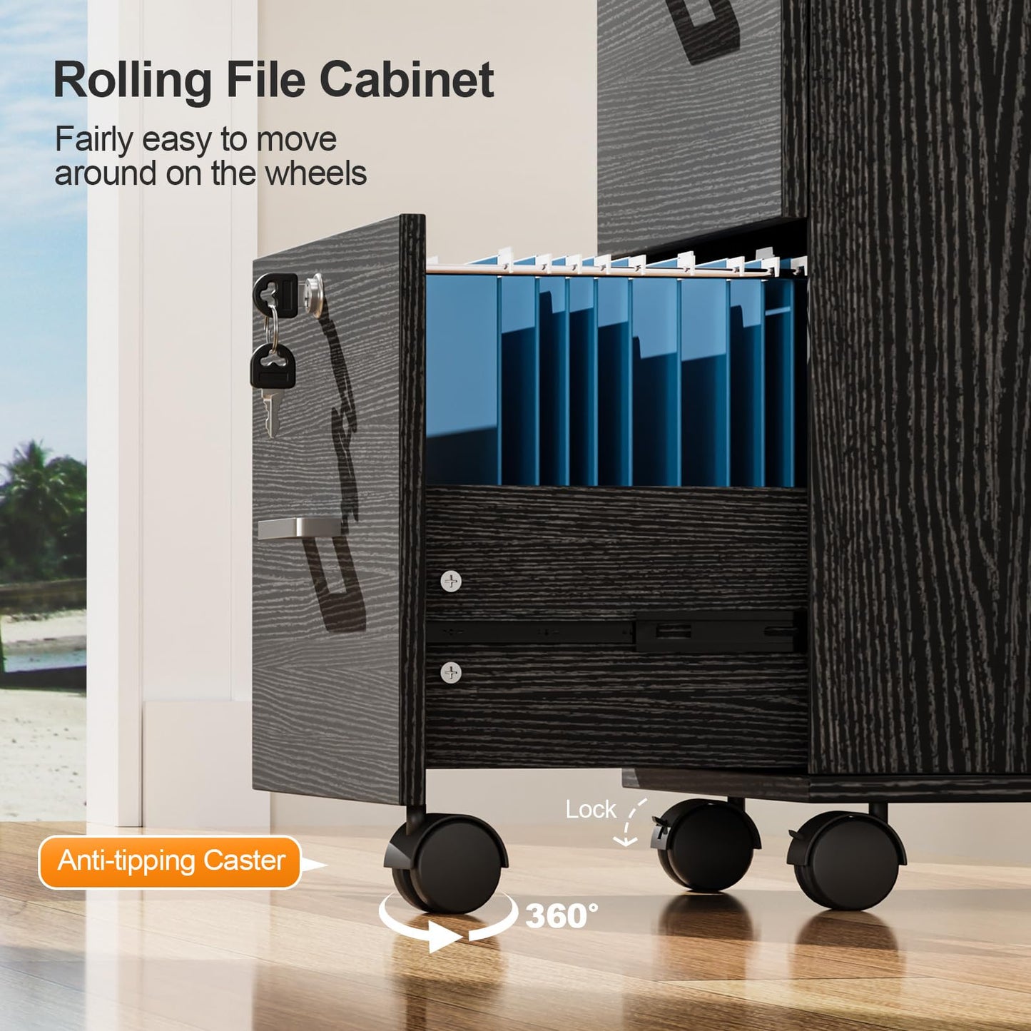 VINGLI 2 Drawer File Cabinet with Lock, Wood Rustic Gray Filing Cabinet
