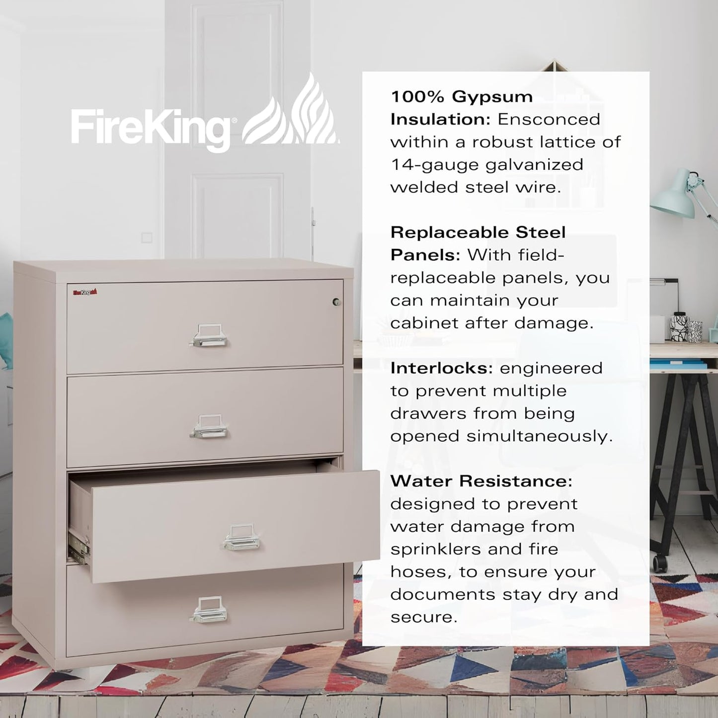 Fireking 4-Drawer Fireproof Lateral File Cabinet, Platinum