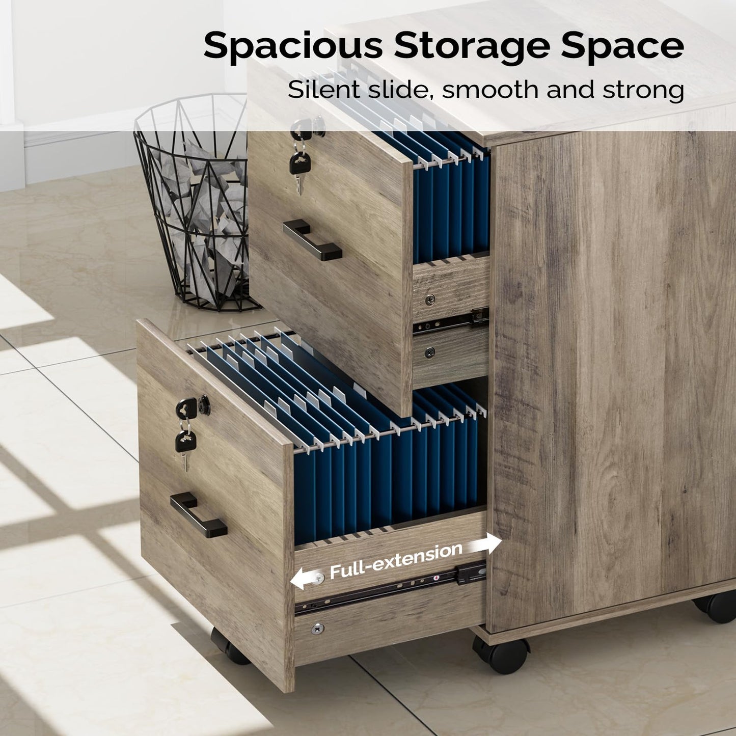 VINGLI 2 Drawer File Cabinet with Lock, Wood Rustic Gray Filing Cabinet