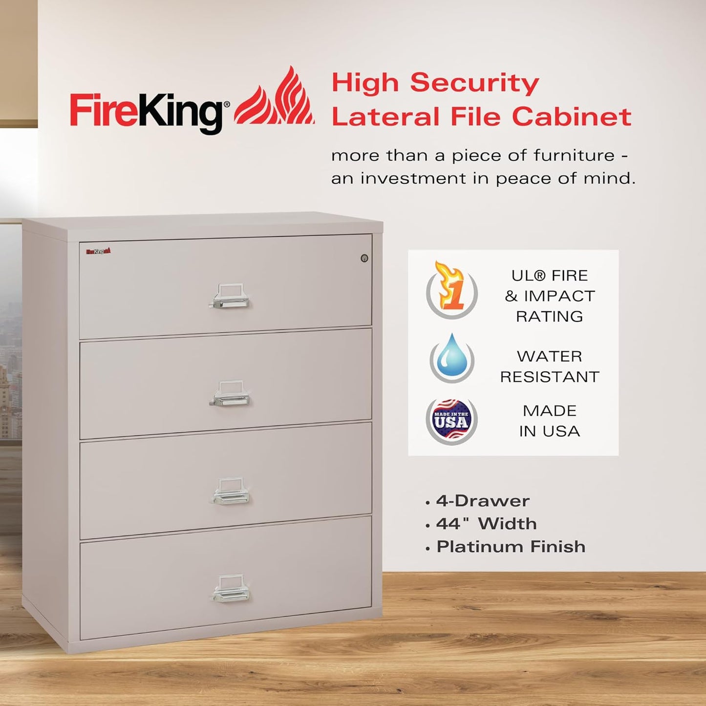 Fireking 4-Drawer Fireproof Lateral File Cabinet, Platinum