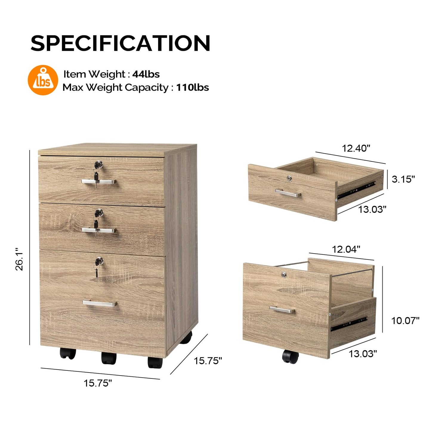 VINGLI 2 Drawer File Cabinet with Lock, Wood Rustic Gray Filing Cabinet