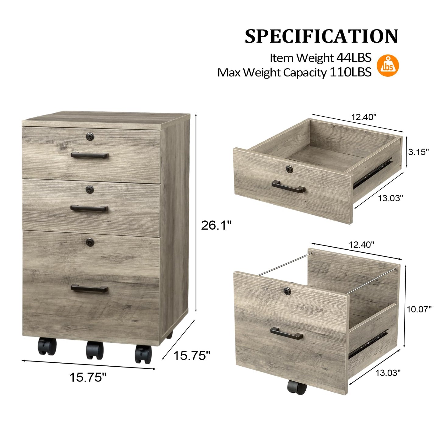VINGLI 2 Drawer File Cabinet with Lock, Wood Rustic Gray Filing Cabinet