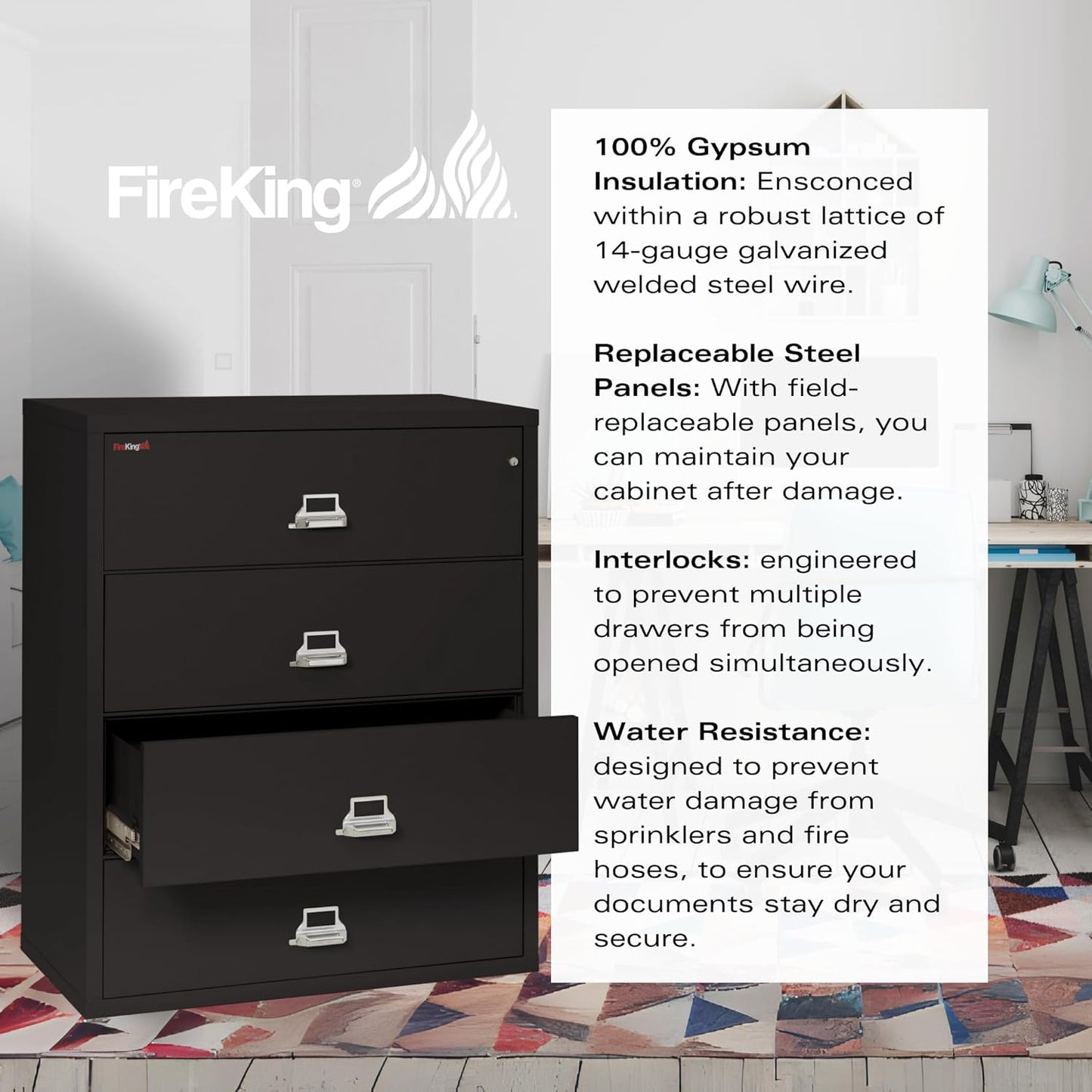 Fireking 4-Drawer Fireproof Lateral File Cabinet, Black,