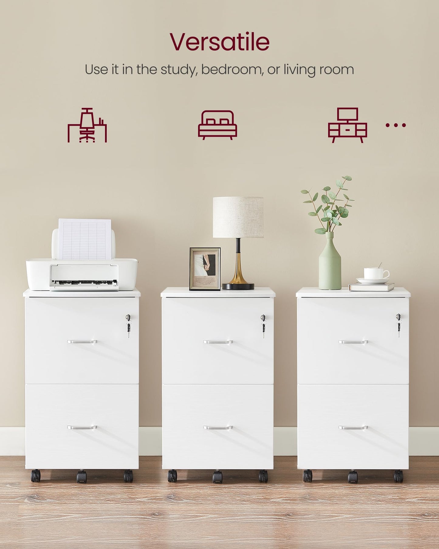 VASAGLE 2-Drawer Rolling File Cabinet, Snow White
