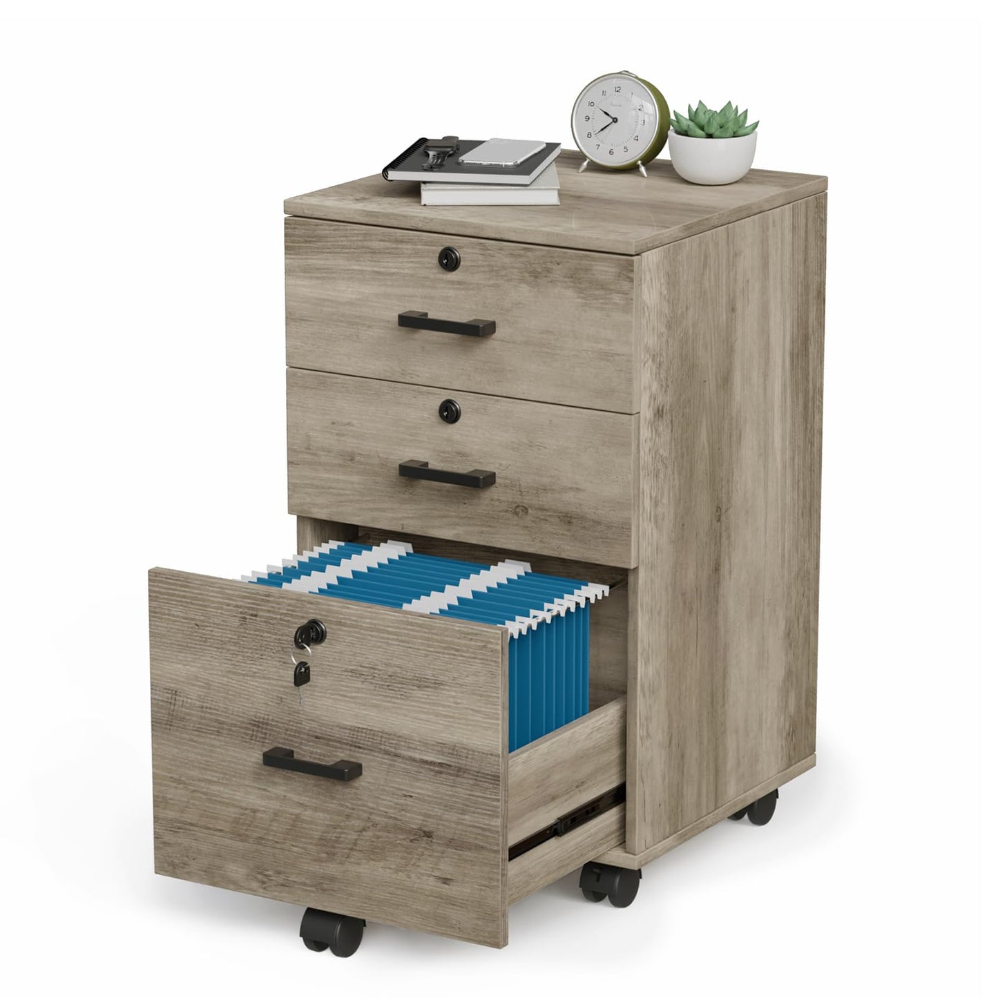 VINGLI 2 Drawer File Cabinet with Lock, Wood Rustic Gray Filing Cabinet