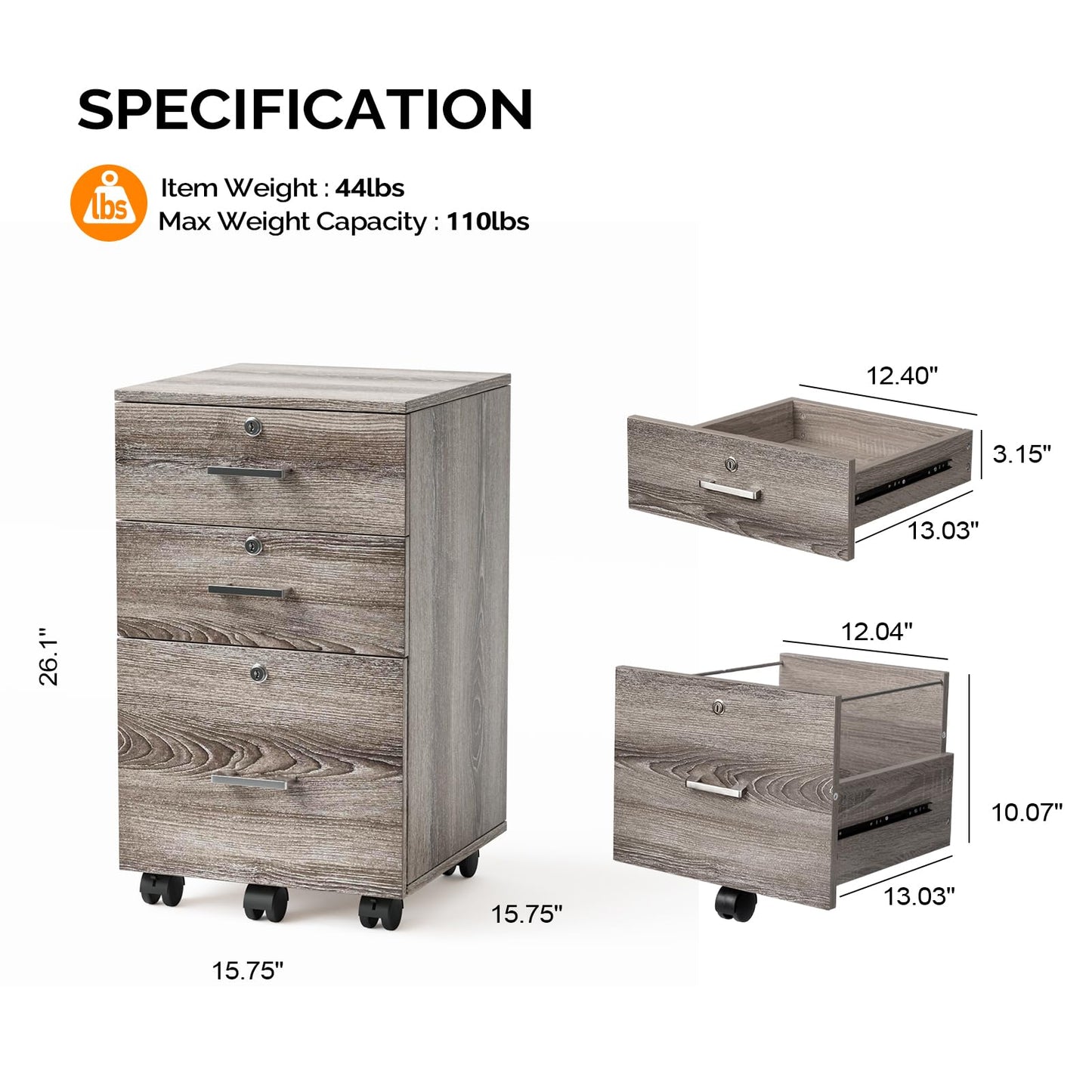 VINGLI 2 Drawer File Cabinet with Lock, Wood Rustic Gray Filing Cabinet