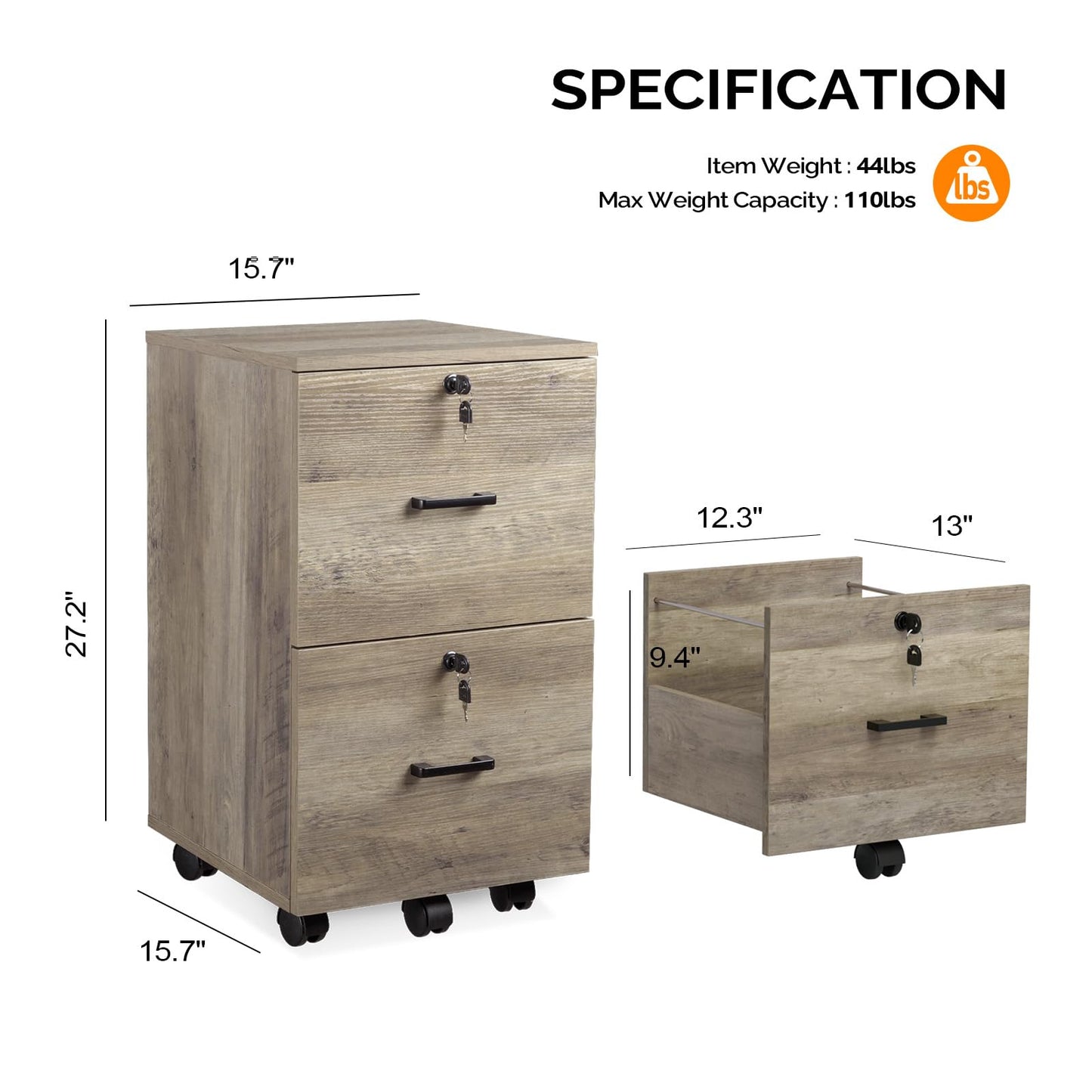 VINGLI 2 Drawer File Cabinet with Lock, Wood Rustic Gray Filing Cabinet