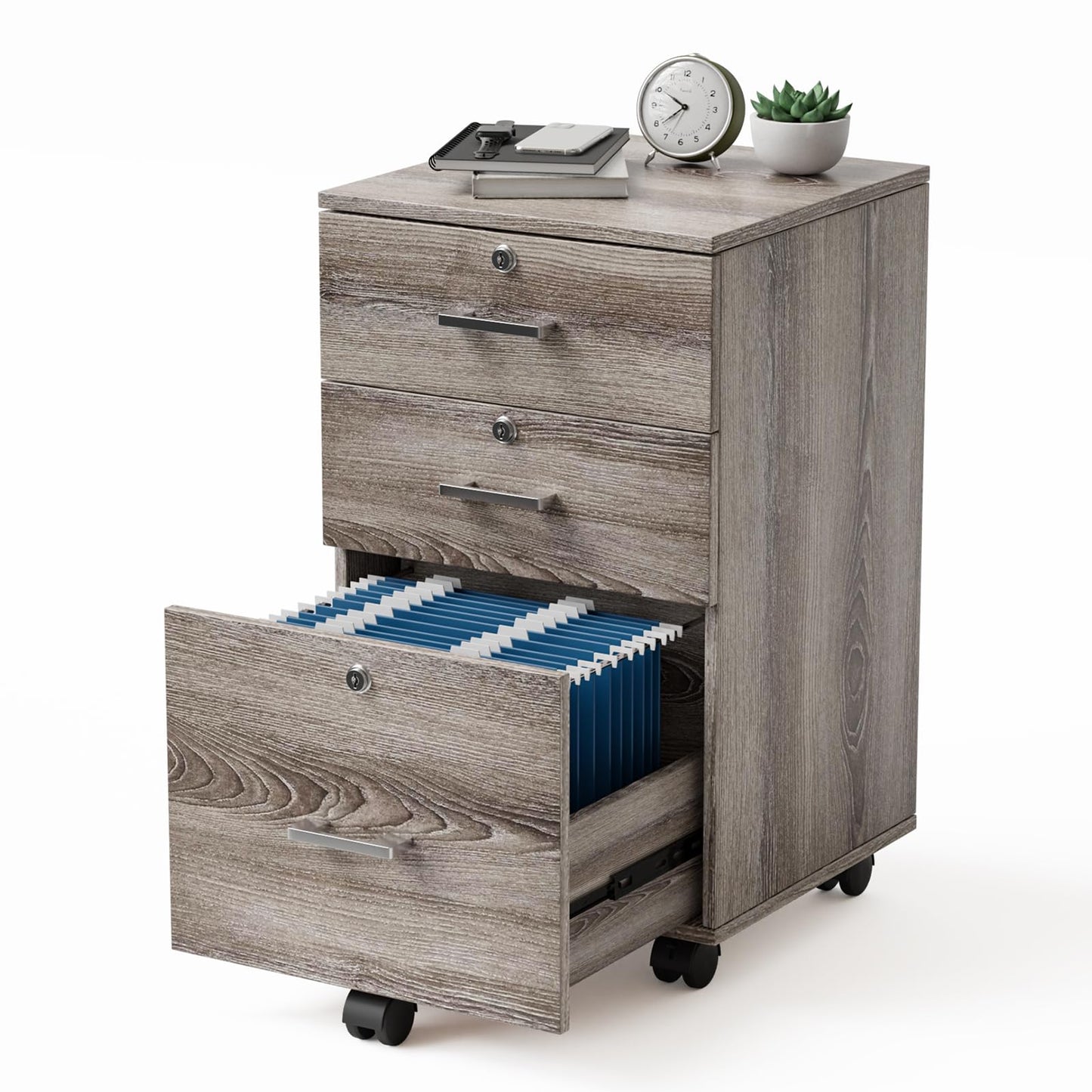 VINGLI 2 Drawer File Cabinet with Lock, Wood Rustic Gray Filing Cabinet