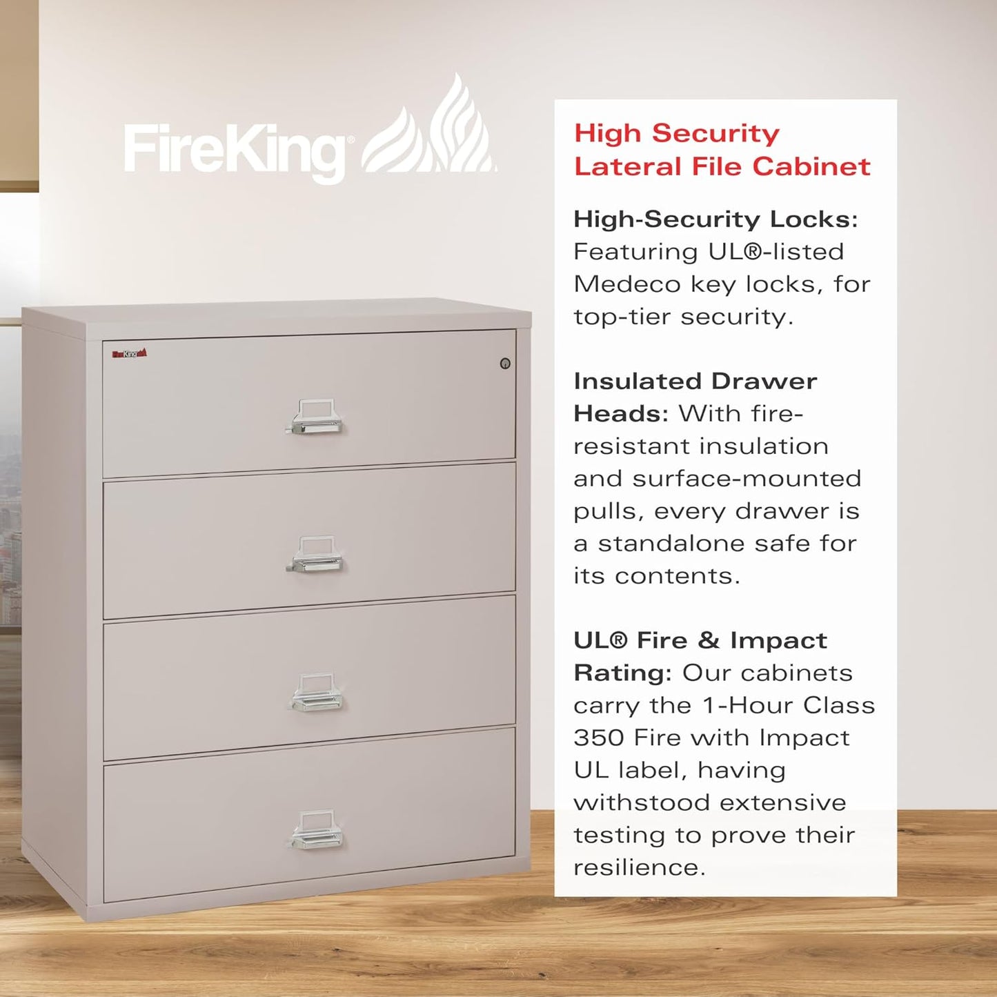 Fireking 4-Drawer Fireproof Lateral File Cabinet, Platinum