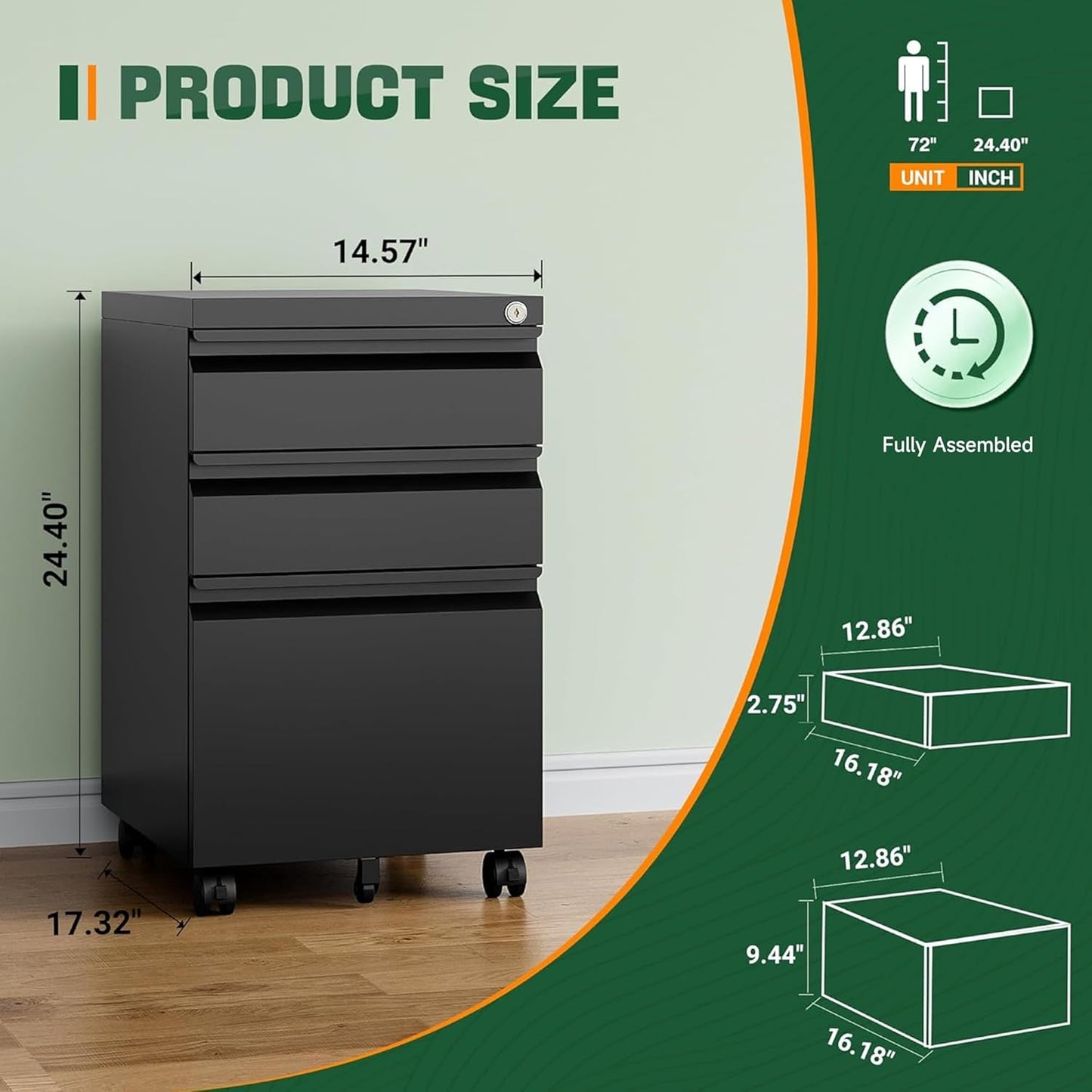 Letaya 3 Drawer Mobile File Cabinet with Lock