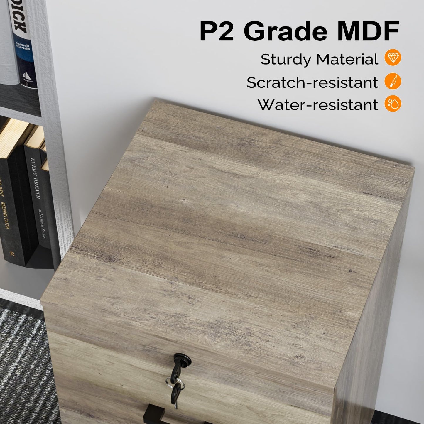 VINGLI 2 Drawer File Cabinet with Lock, Wood Rustic Gray Filing Cabinet