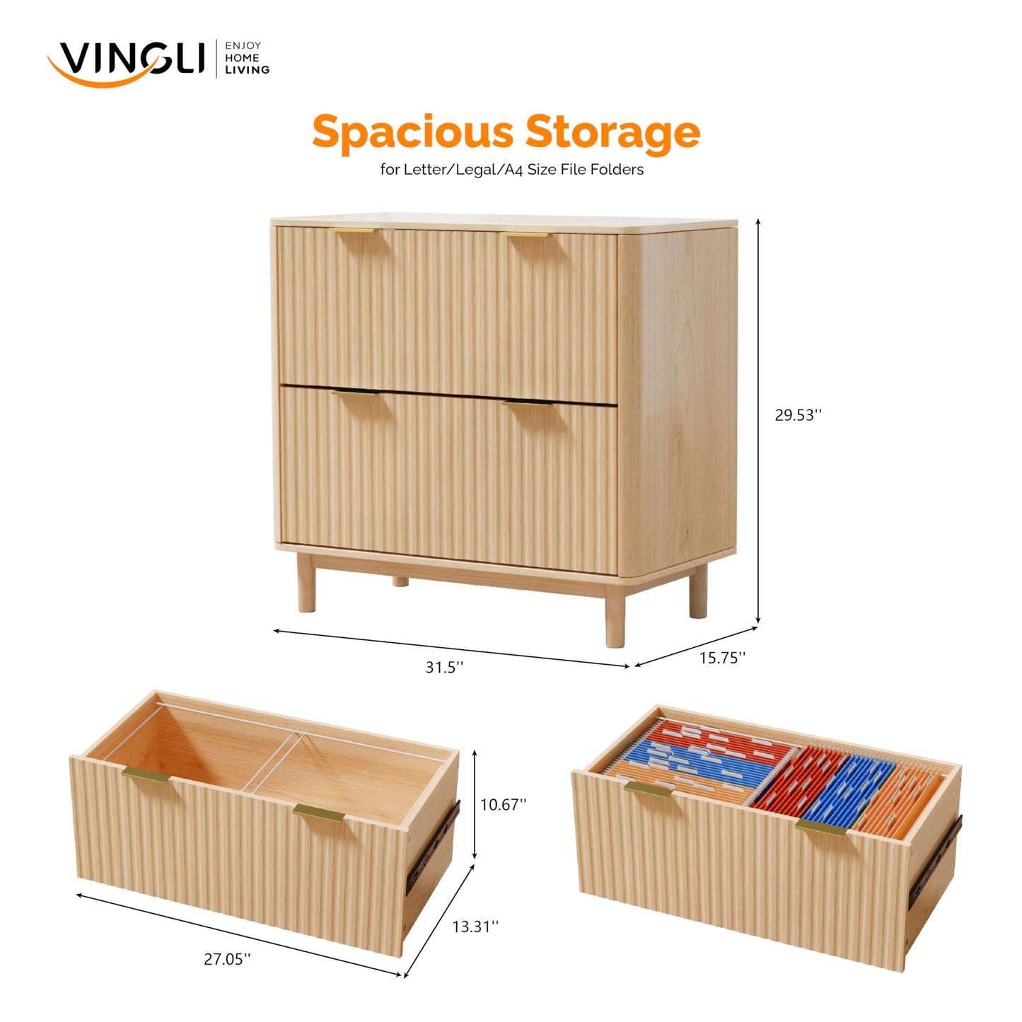 VINGLI 2 Drawer File Cabinet with Lock, Wood Rustic Gray Filing Cabinet