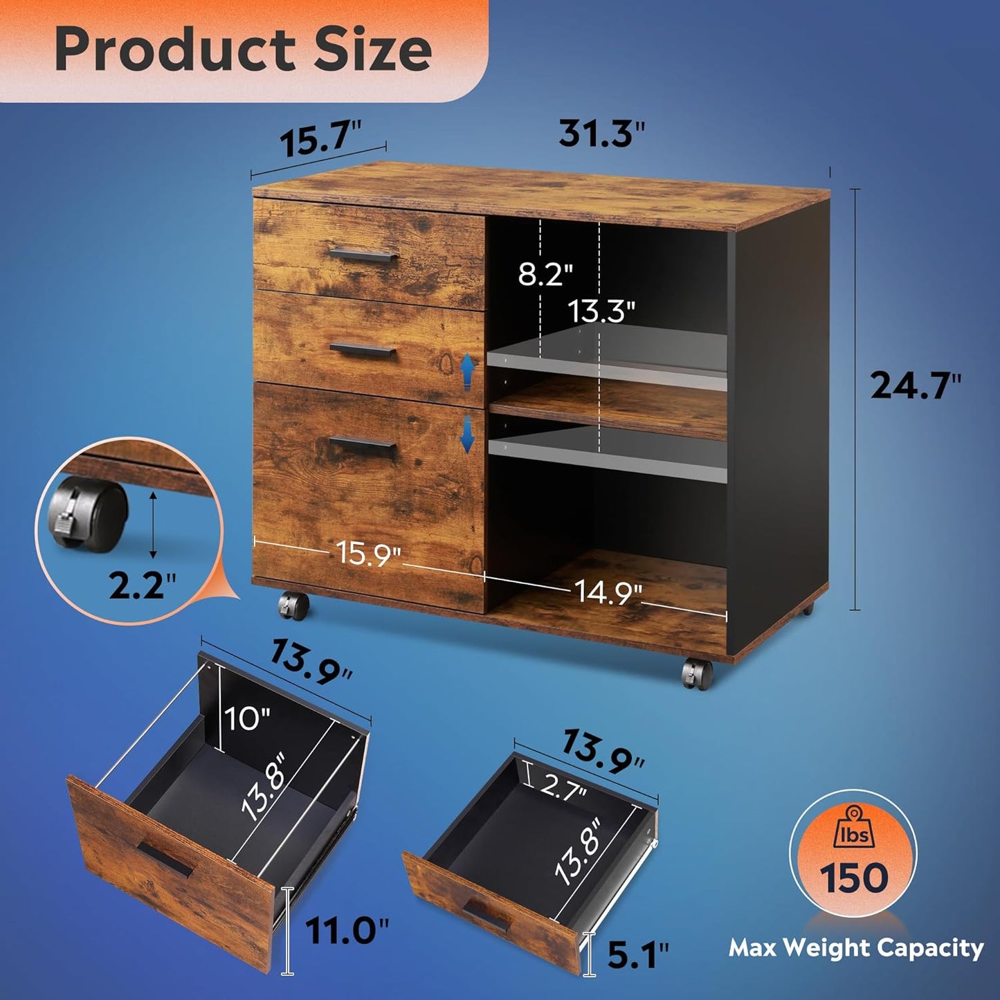 DEVAISE 3 Drawer Mobile File Cabinet, Wood Lateral Filing Cabinet