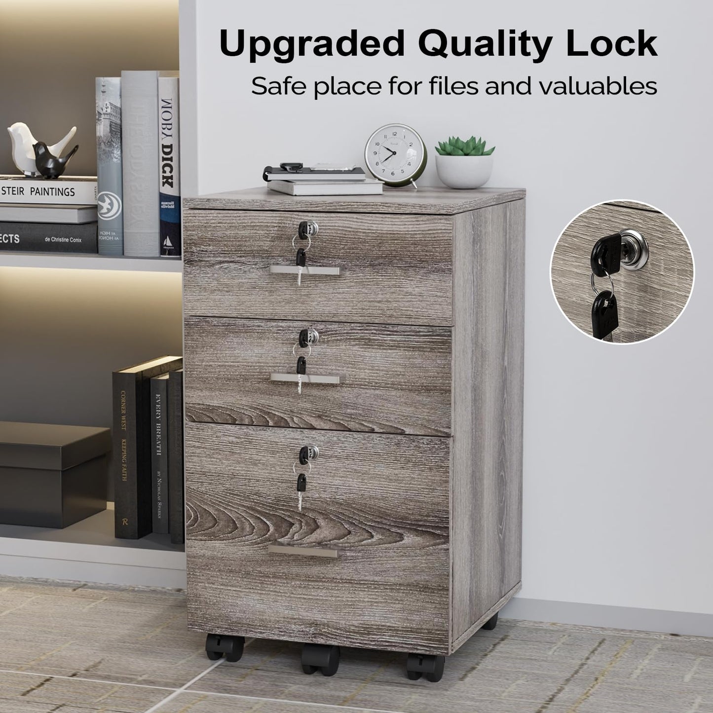 VINGLI 2 Drawer File Cabinet with Lock, Wood Rustic Gray Filing Cabinet