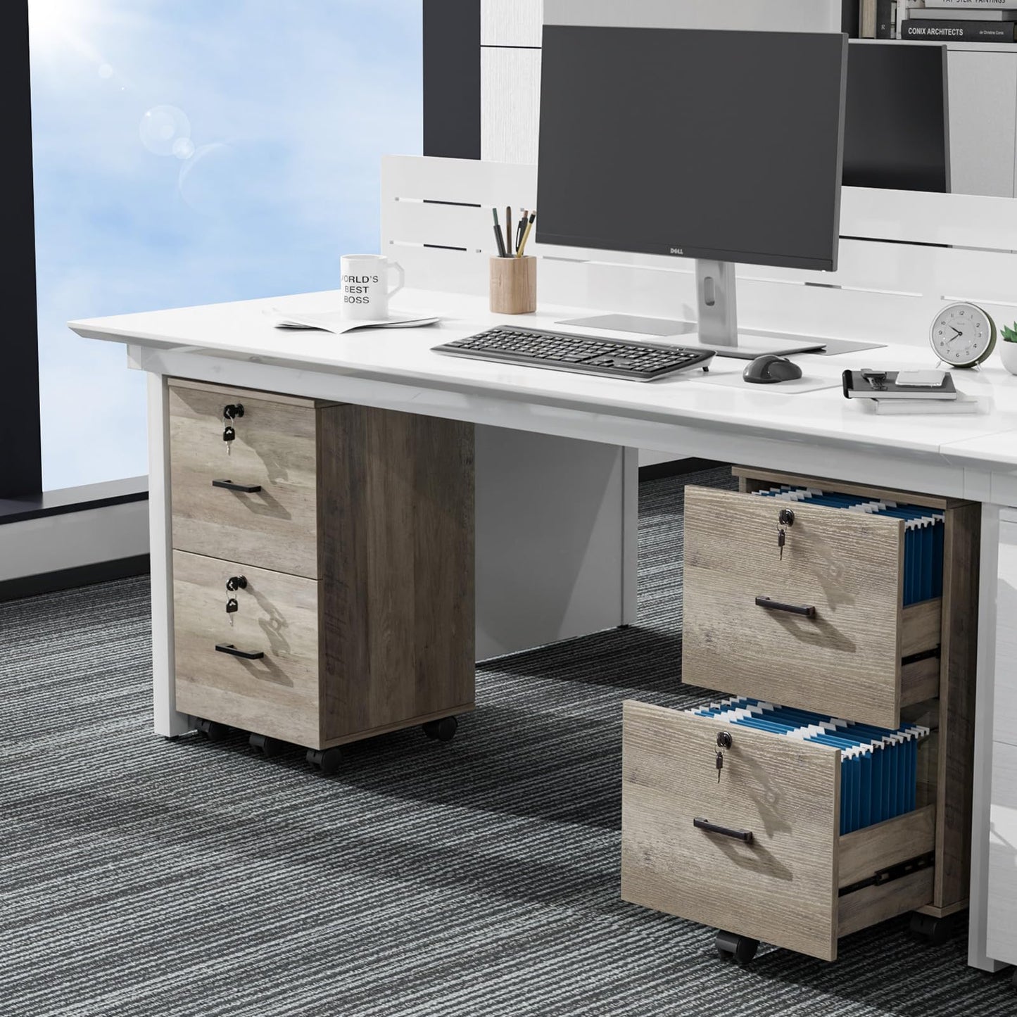 VINGLI 2 Drawer File Cabinet with Lock, Wood Rustic Gray Filing Cabinet