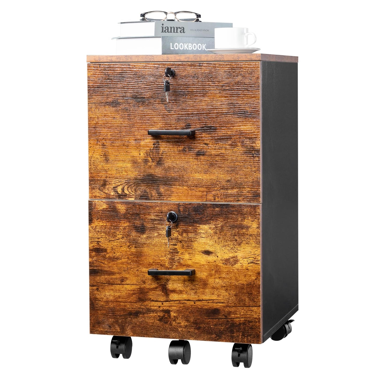 VINGLI 2 Drawer File Cabinet with Lock, Wood Rustic Gray Filing Cabinet
