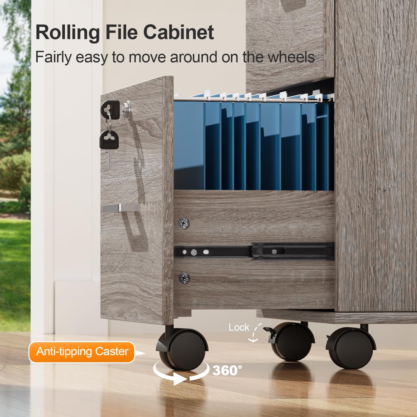 VINGLI 2 Drawer File Cabinet with Lock, Wood Rustic Gray Filing Cabinet