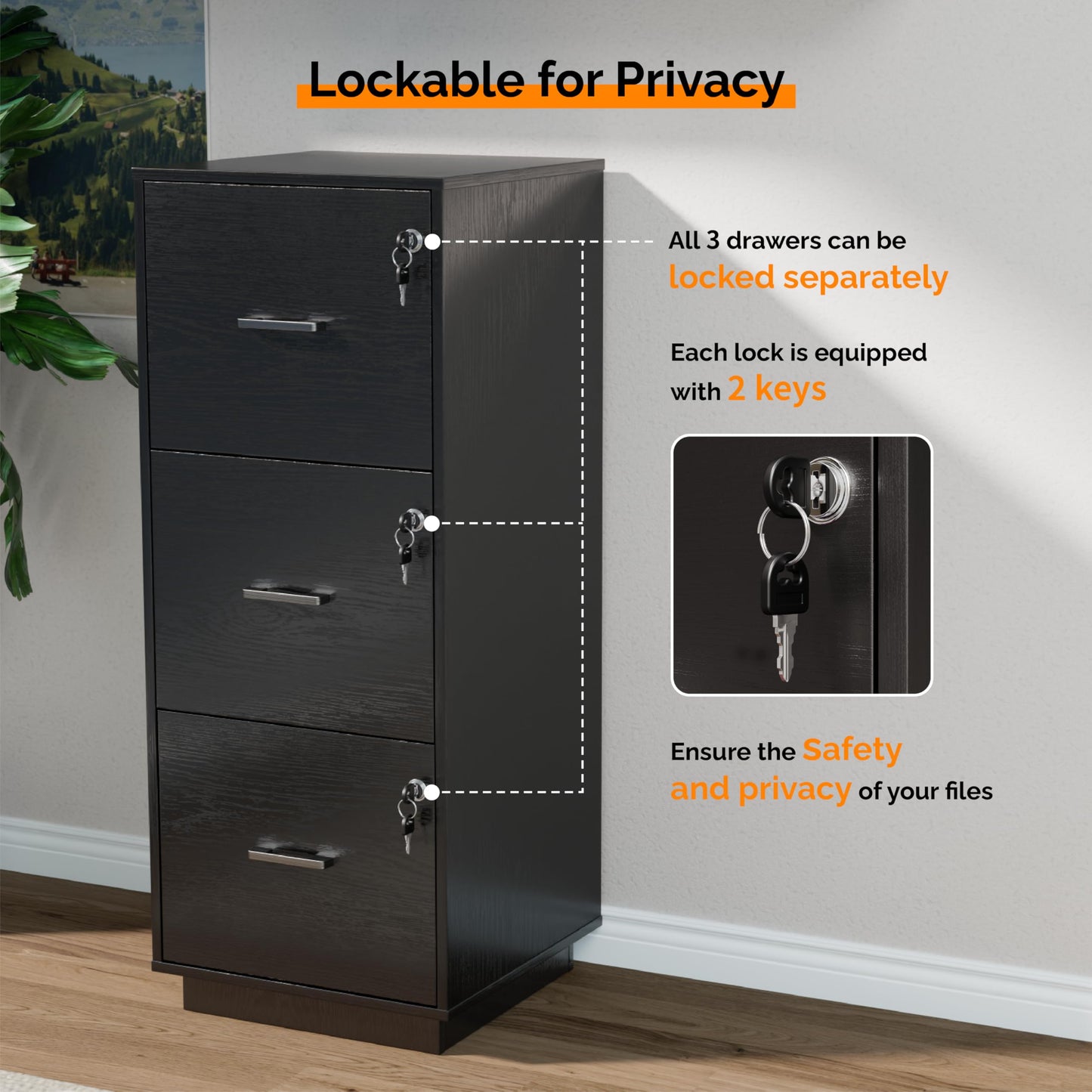 VINGLI 2 Drawer File Cabinet with Lock, Wood Rustic Gray Filing Cabinet