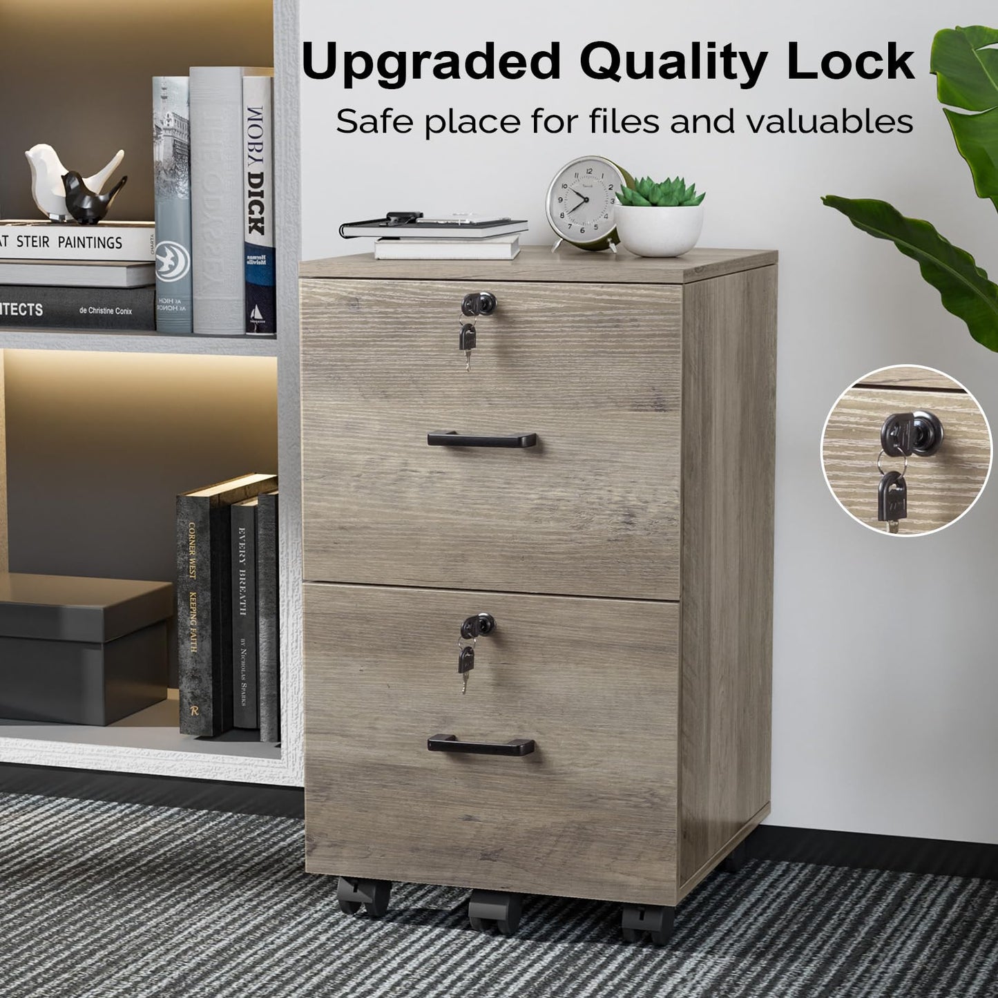 VINGLI 2 Drawer File Cabinet with Lock, Wood Rustic Gray Filing Cabinet
