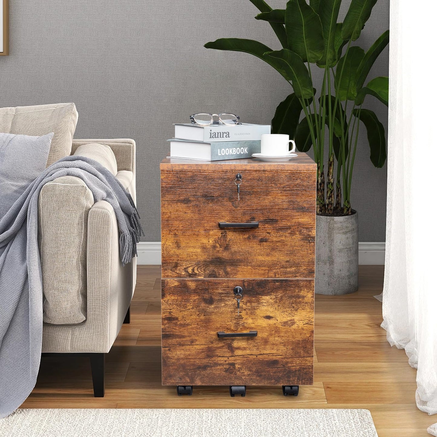 VINGLI 2 Drawer File Cabinet with Lock, Wood Rustic Gray Filing Cabinet