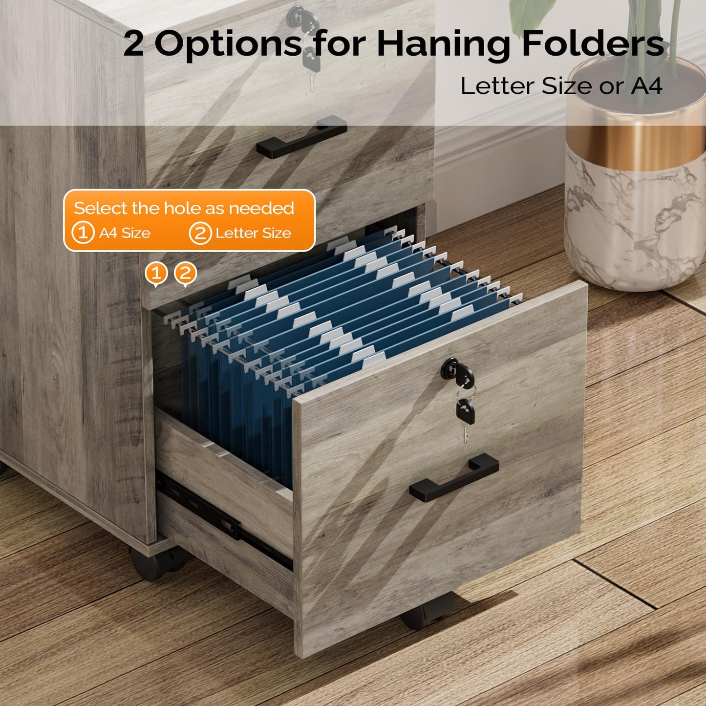 VINGLI 2 Drawer File Cabinet with Lock, Wood Rustic Gray Filing Cabinet