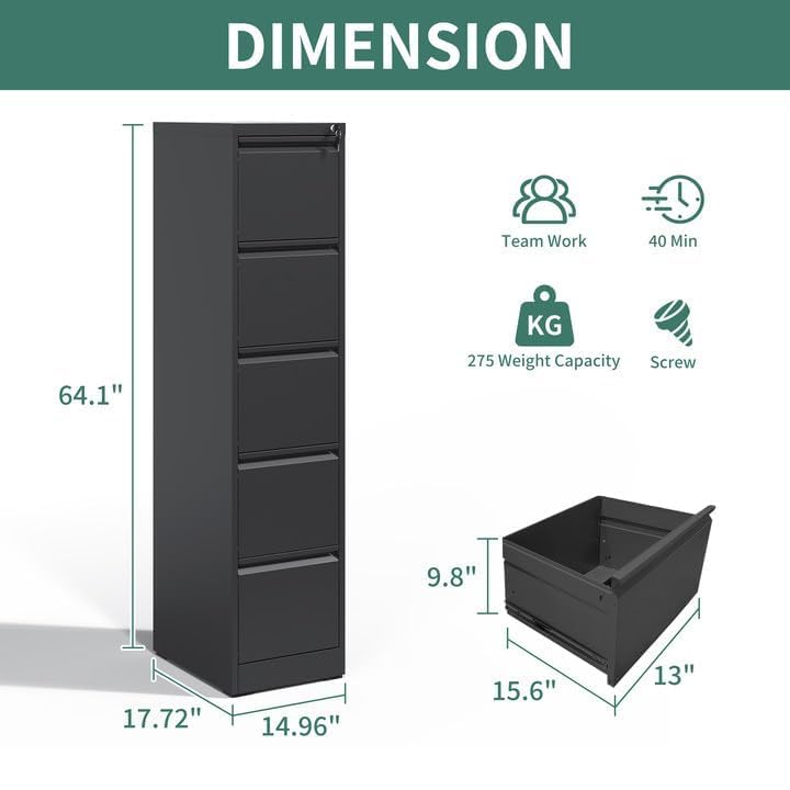 4-Drawer Metal Locking File Cabinet, Black, Vertical