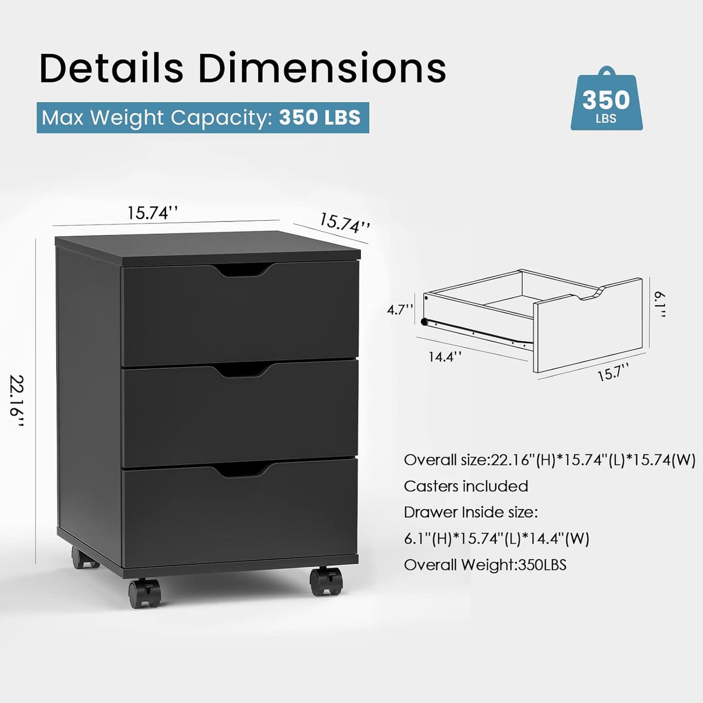 Farini 3-Drawer Mobile File Cabinet, Black Wood,