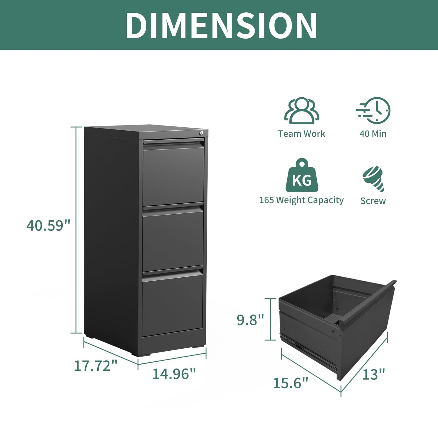 4-Drawer Metal Locking File Cabinet, Black, Vertical