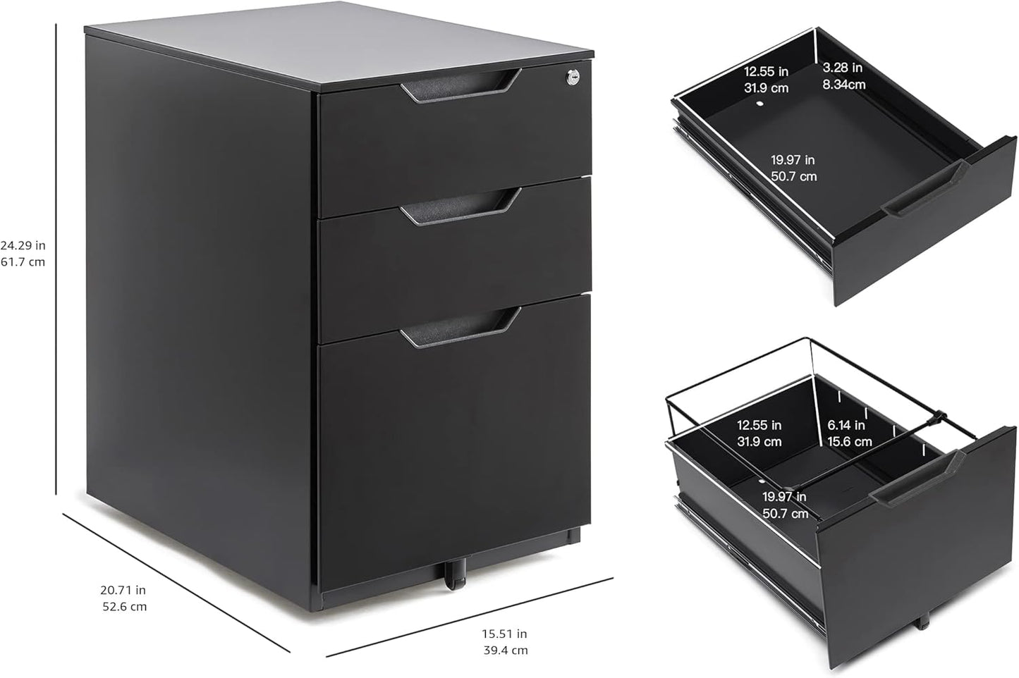 Amazon Basics 3 Drawer Mobile File Cabinet With Lock, Black