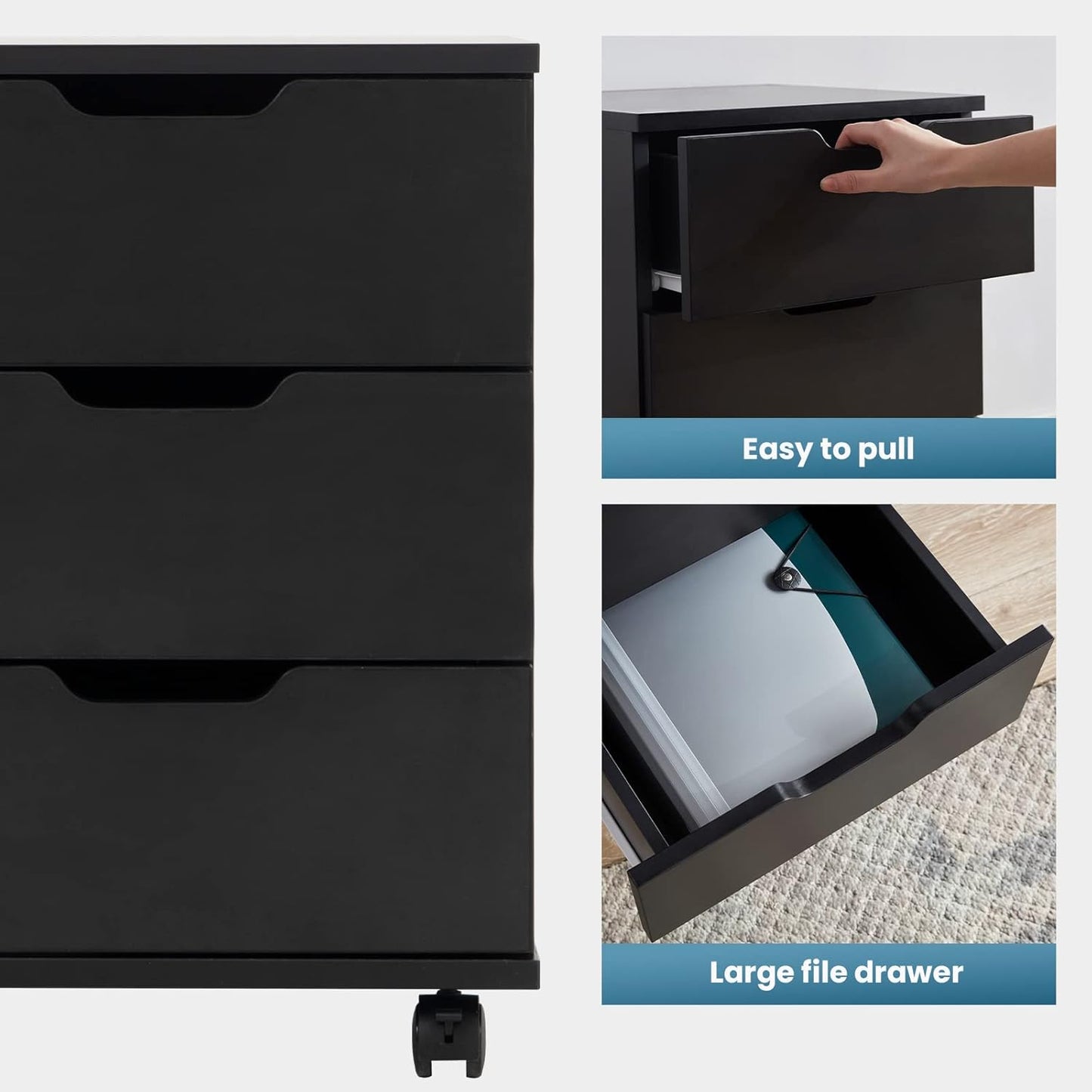 Farini 3-Drawer Mobile File Cabinet, Black Wood,