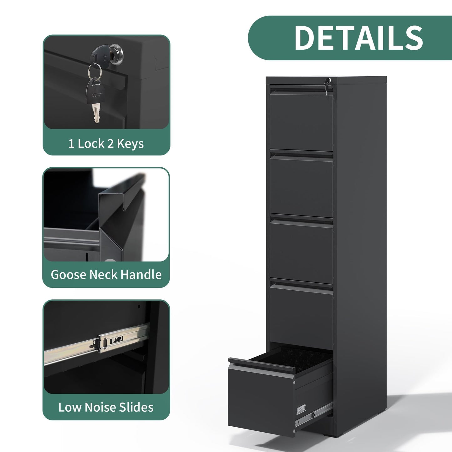 4-Drawer Metal Locking File Cabinet, Black, Vertical