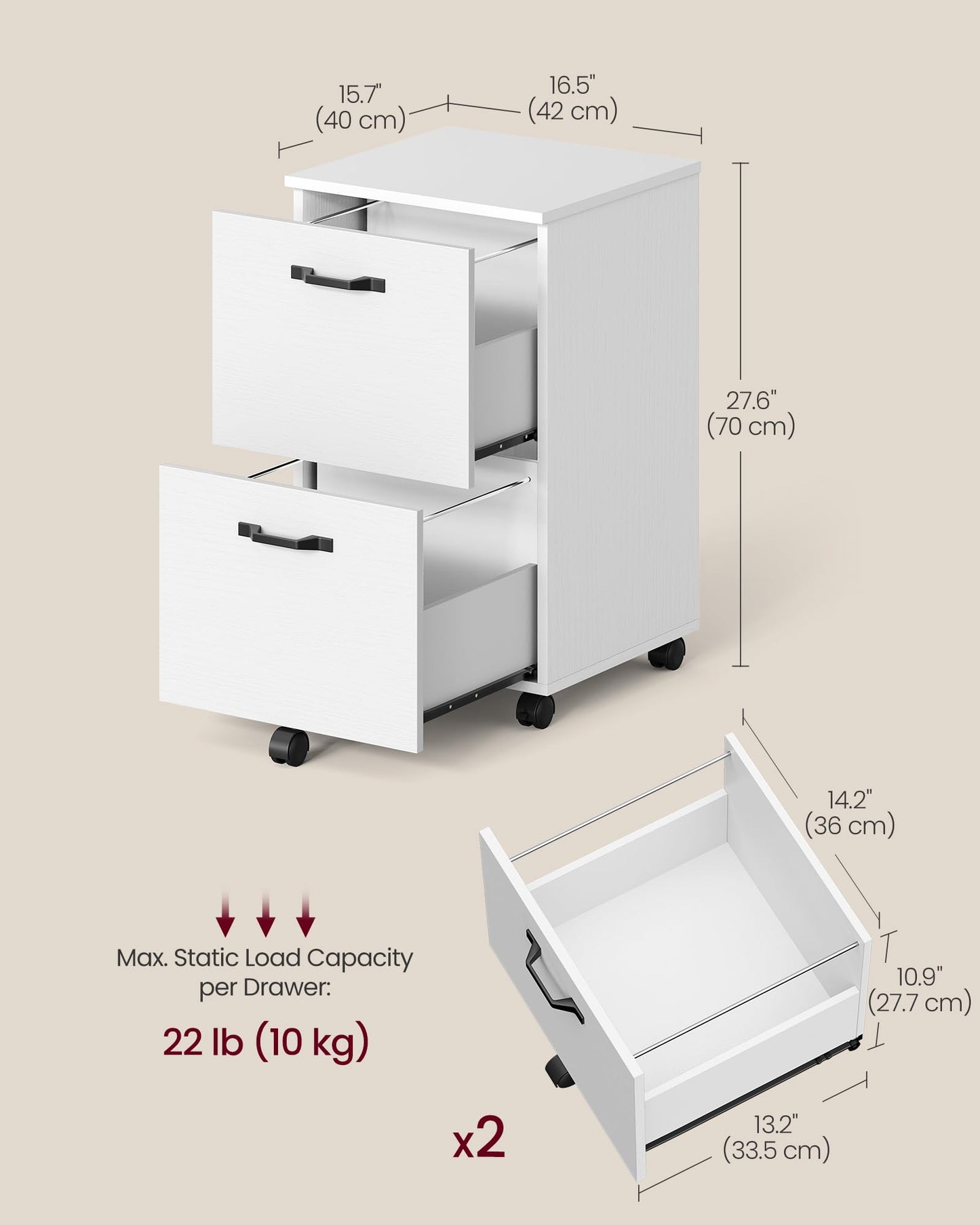 VASAGLE 2-Drawer Rolling File Cabinet, Snow White
