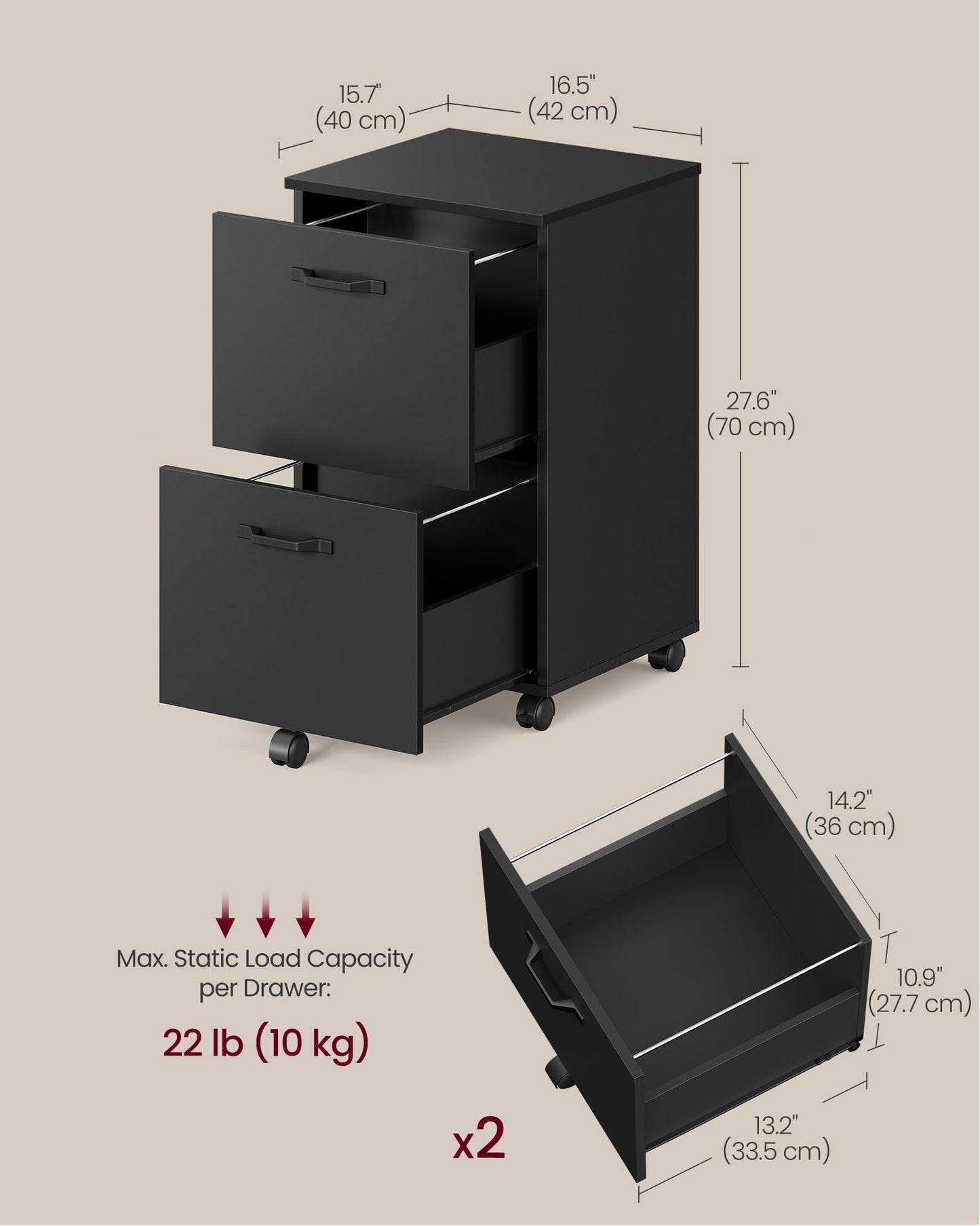 VASAGLE 2-Drawer Rolling File Cabinet, Snow White
