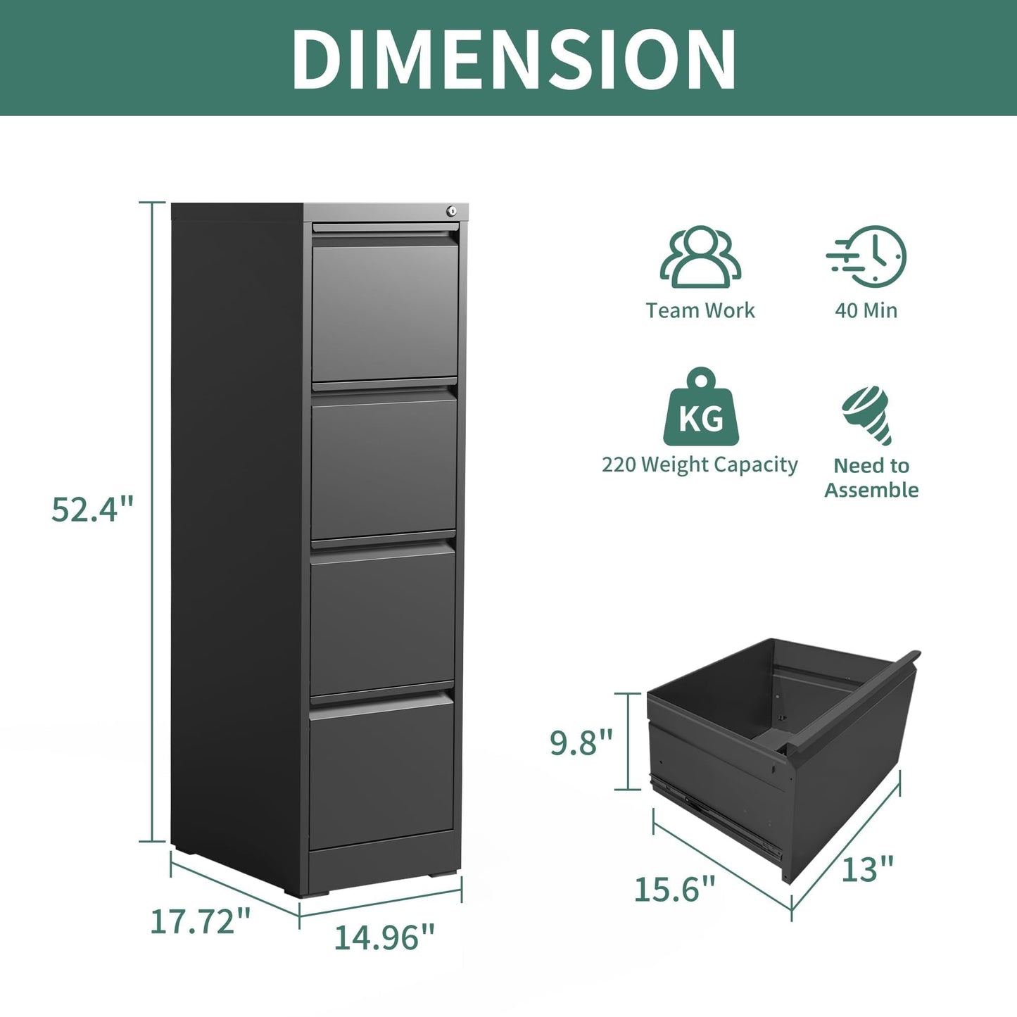 4-Drawer Metal Locking File Cabinet, Black, Vertical