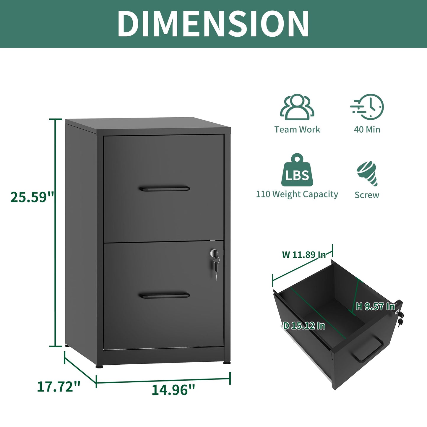 4-Drawer Metal Locking File Cabinet, Black, Vertical