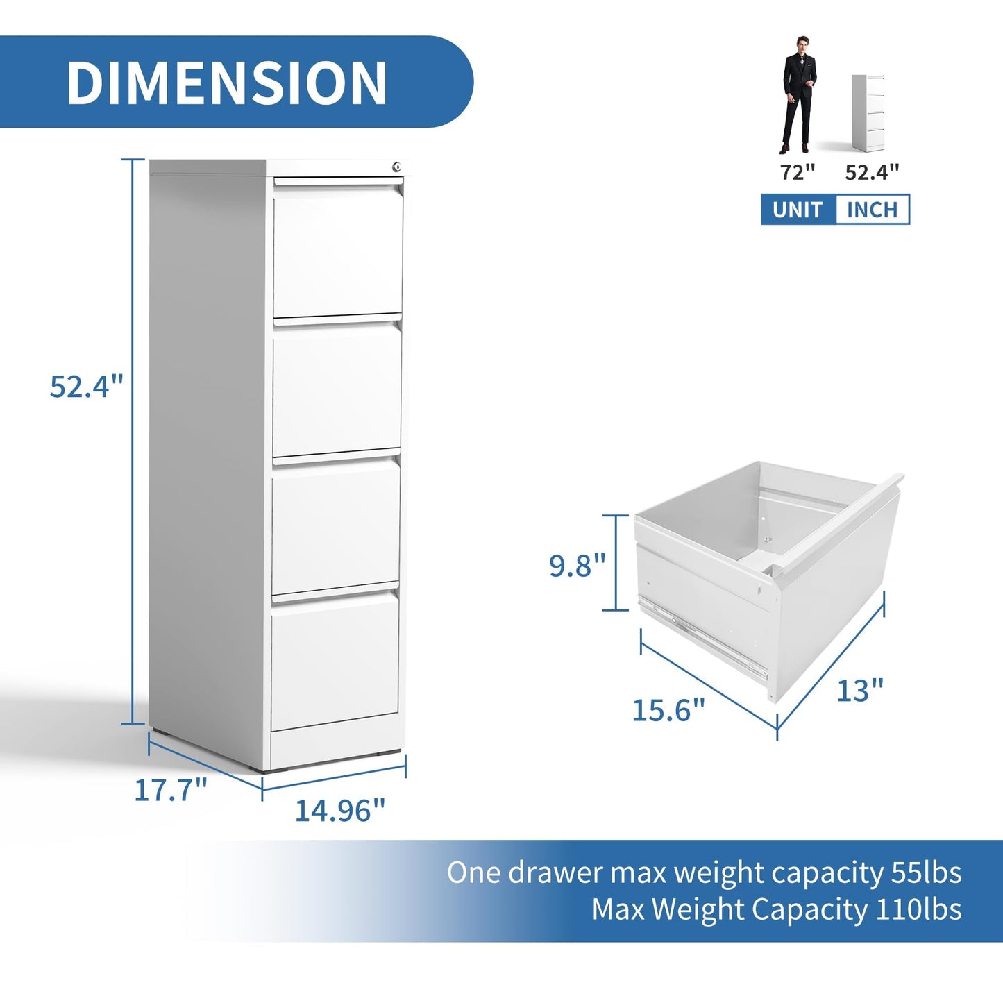 4-Drawer Metal Locking File Cabinet, Black, Vertical