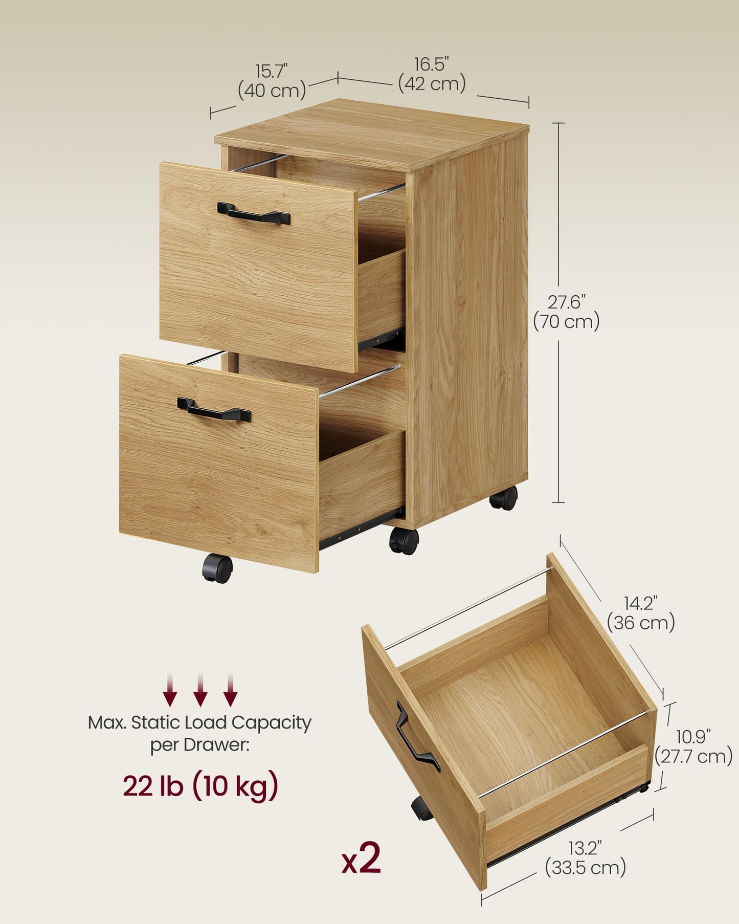 VASAGLE 2-Drawer Rolling File Cabinet, Snow White
