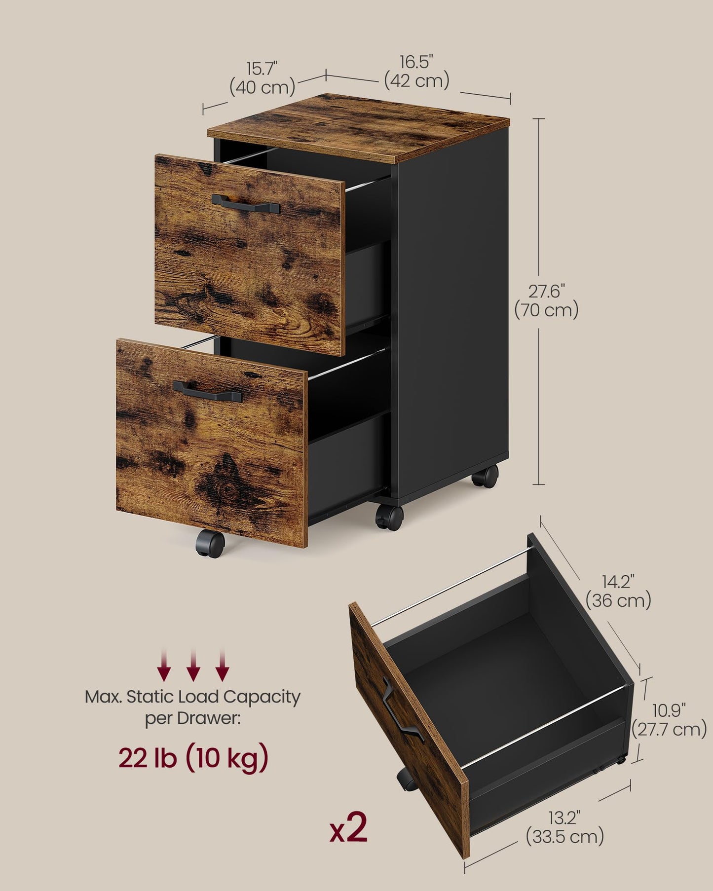VASAGLE 2-Drawer Rolling File Cabinet, Snow White
