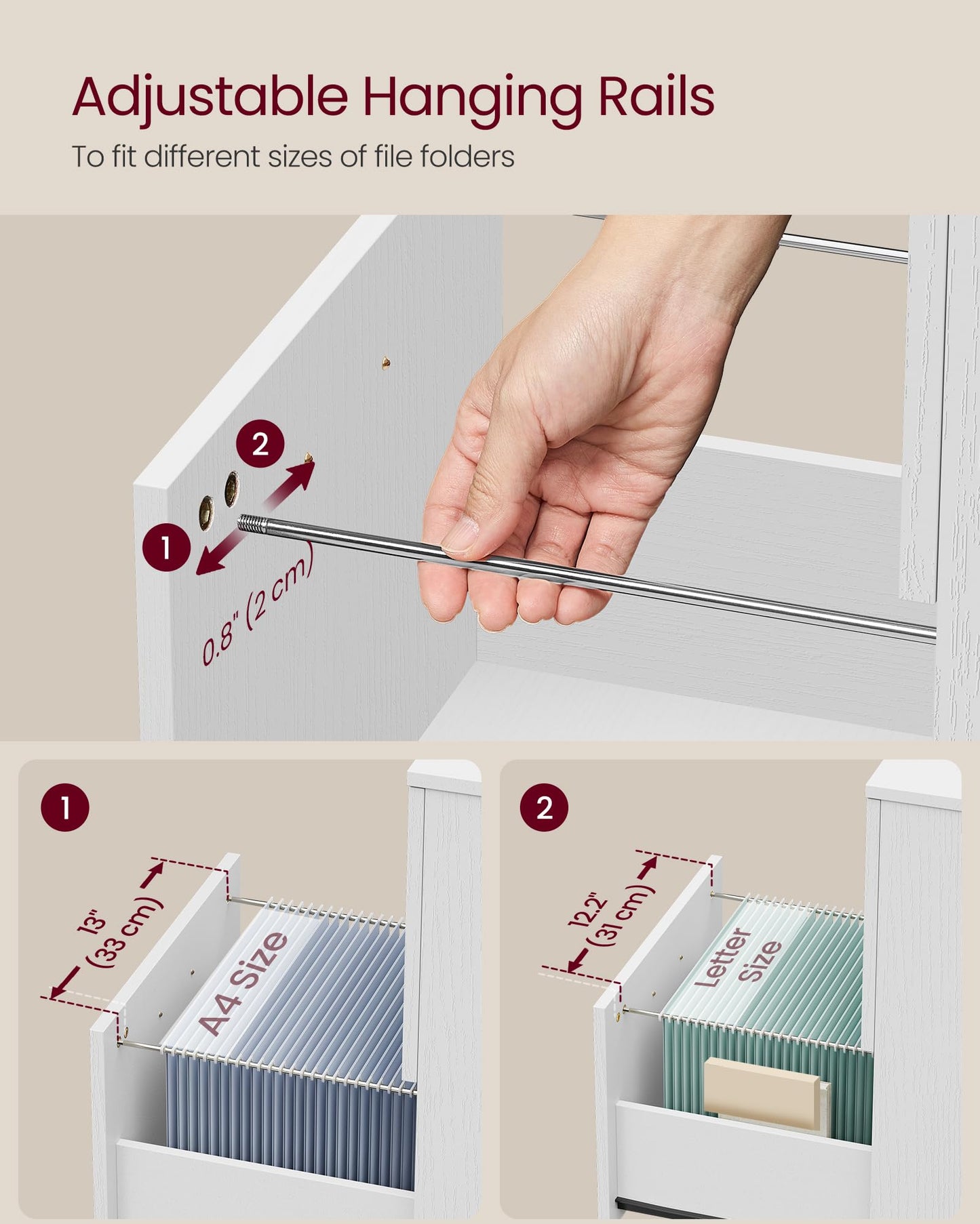 VASAGLE 2-Drawer Rolling File Cabinet, Snow White