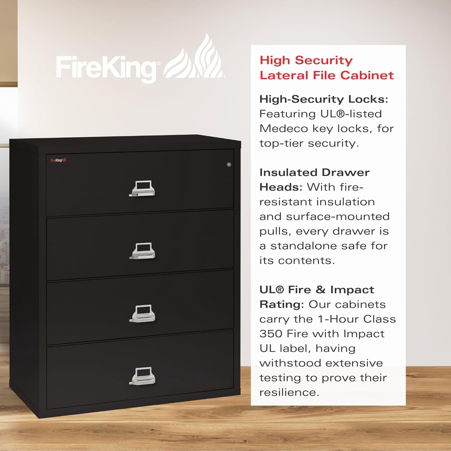 Fireking 4-Drawer Fireproof Lateral File Cabinet, Black,